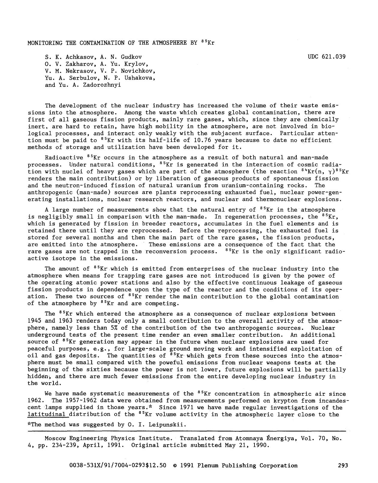 Monitoring the contamination of the atmosphere by <Superscript>85 <Superscript>Kr by Unknown