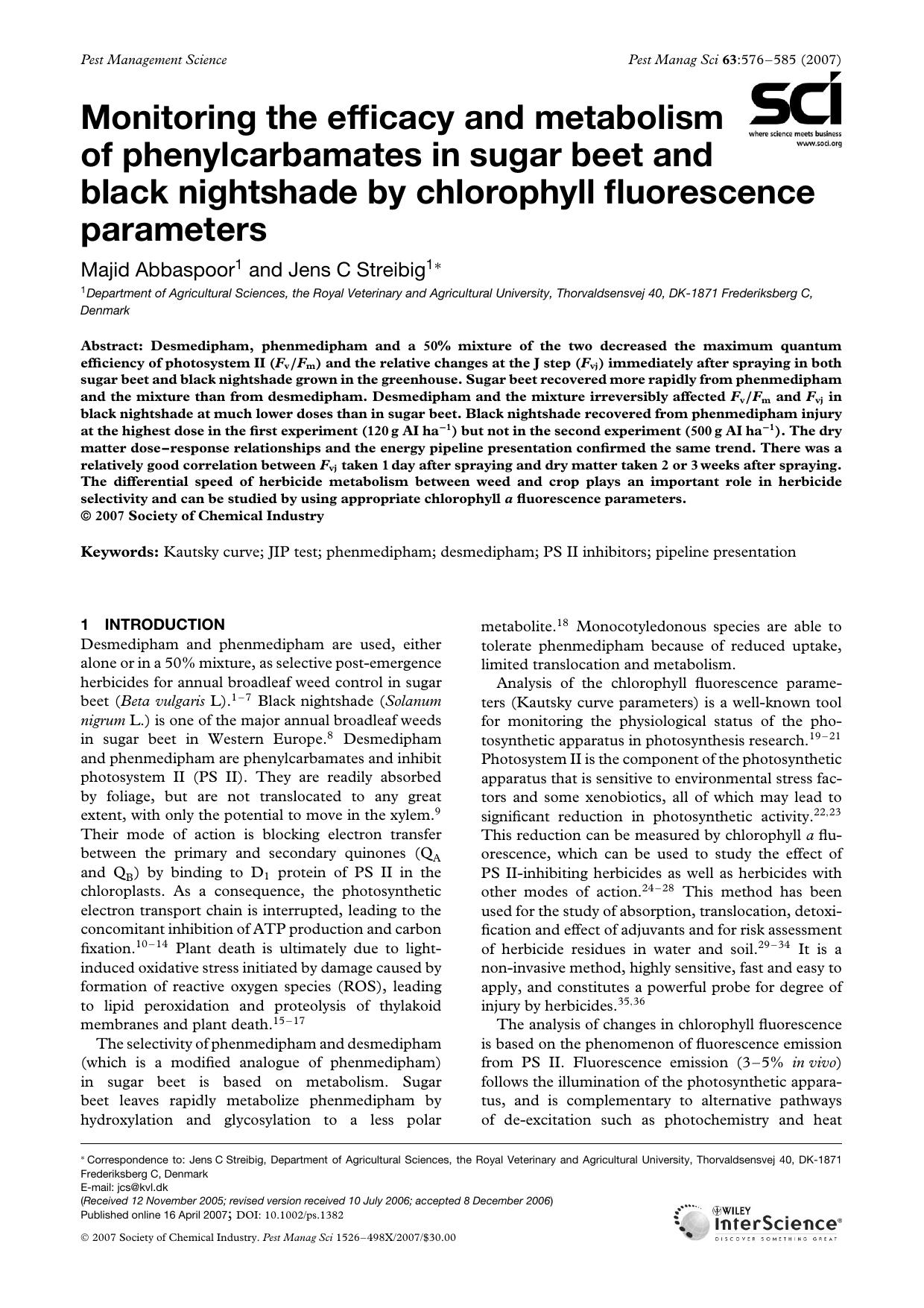 Monitoring the efficacy and metabolism of phenylcarbamates in sugar beet and black nightshade by chlorophyll fluorescence parameters by Unknown