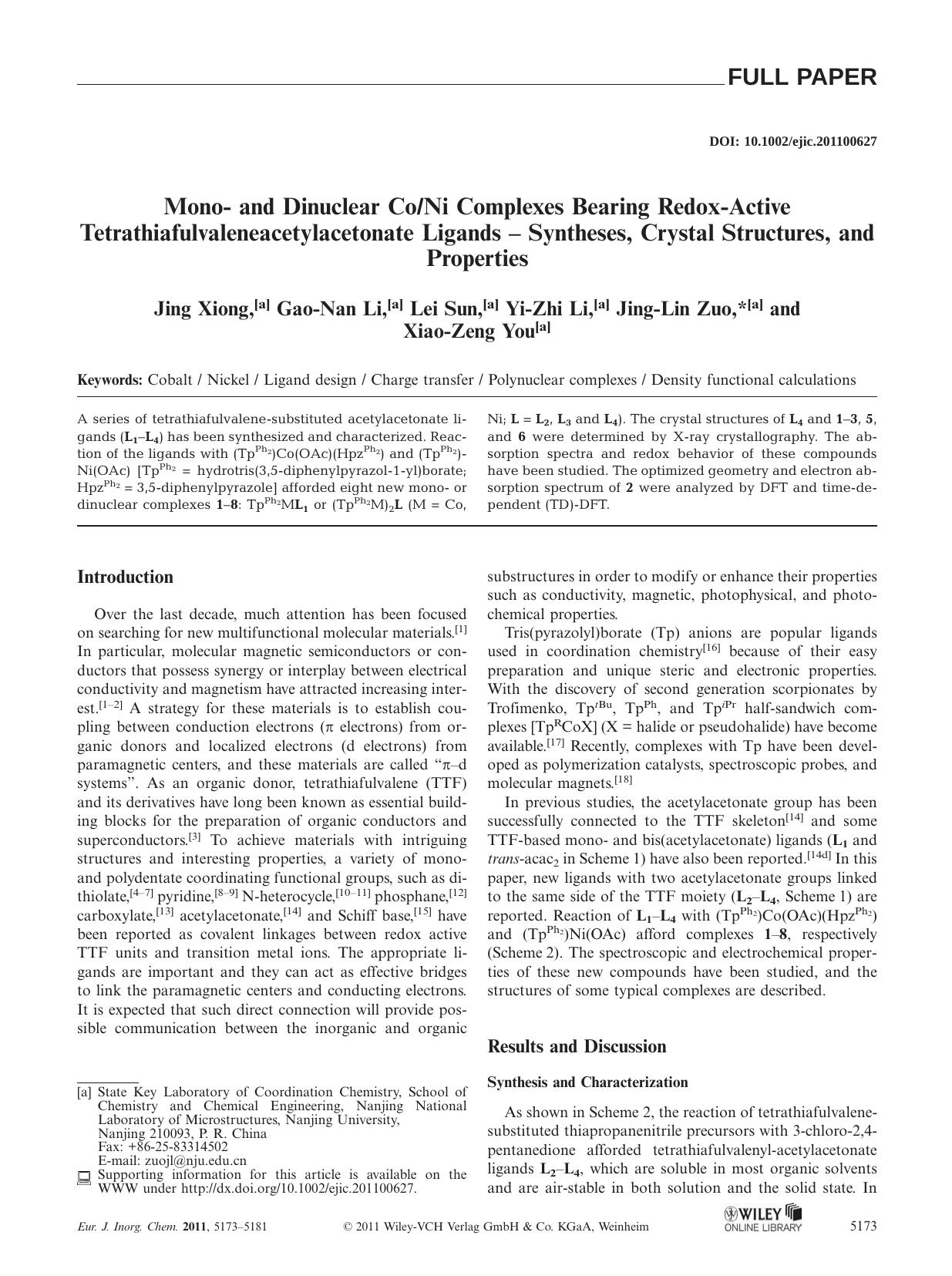 Mono and Dinuclear CoNi Complexes Bearing RedoxActive Tetrathiafulvaleneacetylacetonate Ligands Syntheses, Crystal Structures, and Properties by Unknown