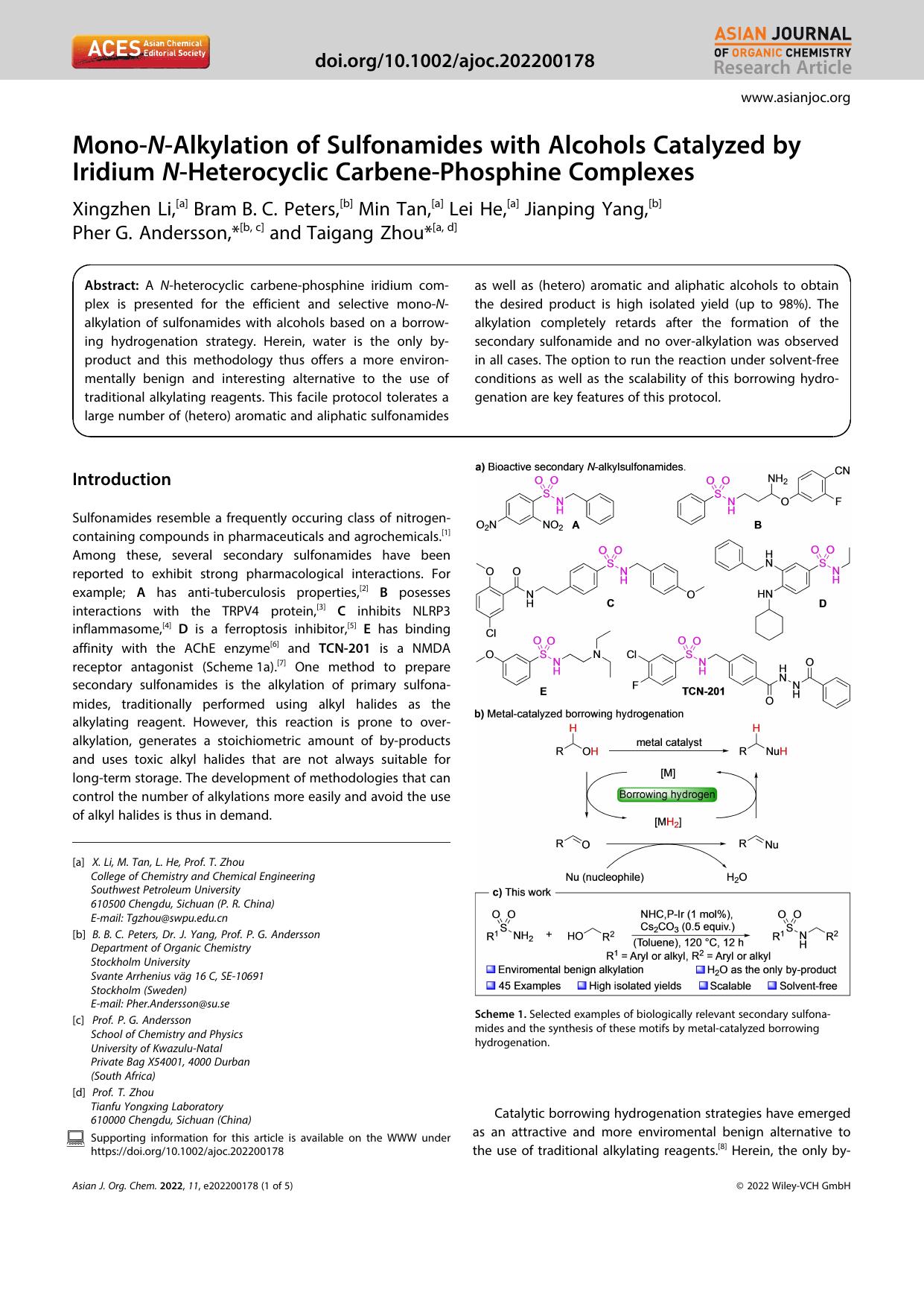 MonoâNâAlkylation of Sulfonamides with Alcohols Catalyzed by Iridium NâHeterocyclic CarbeneâPhosphine Complexes by Unknown