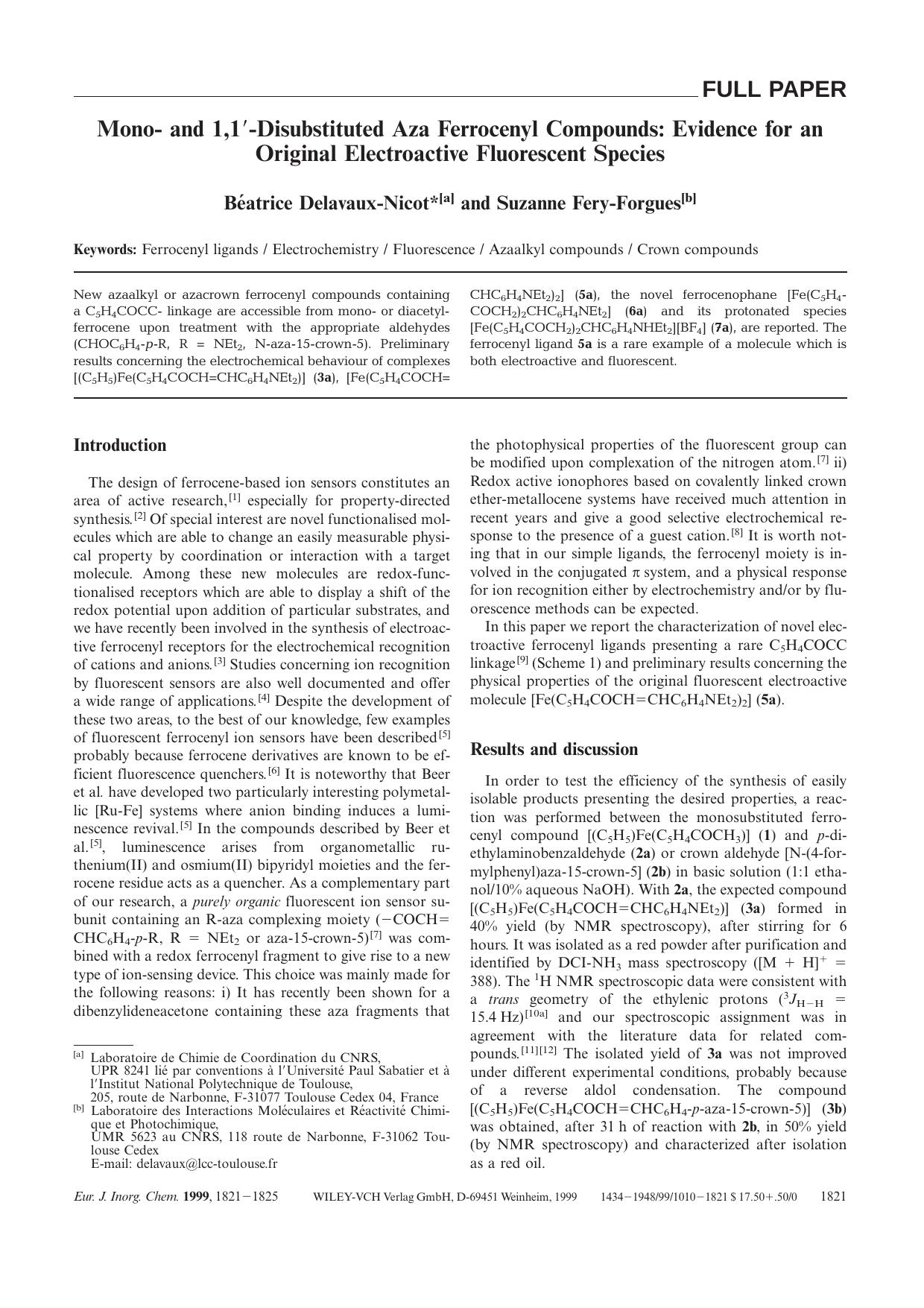 Mono- and 1,1[prime]-Disubstituted Aza Ferrocenyl Compounds: Evidence for an Original Electroactive Fluorescent Species by Unknown