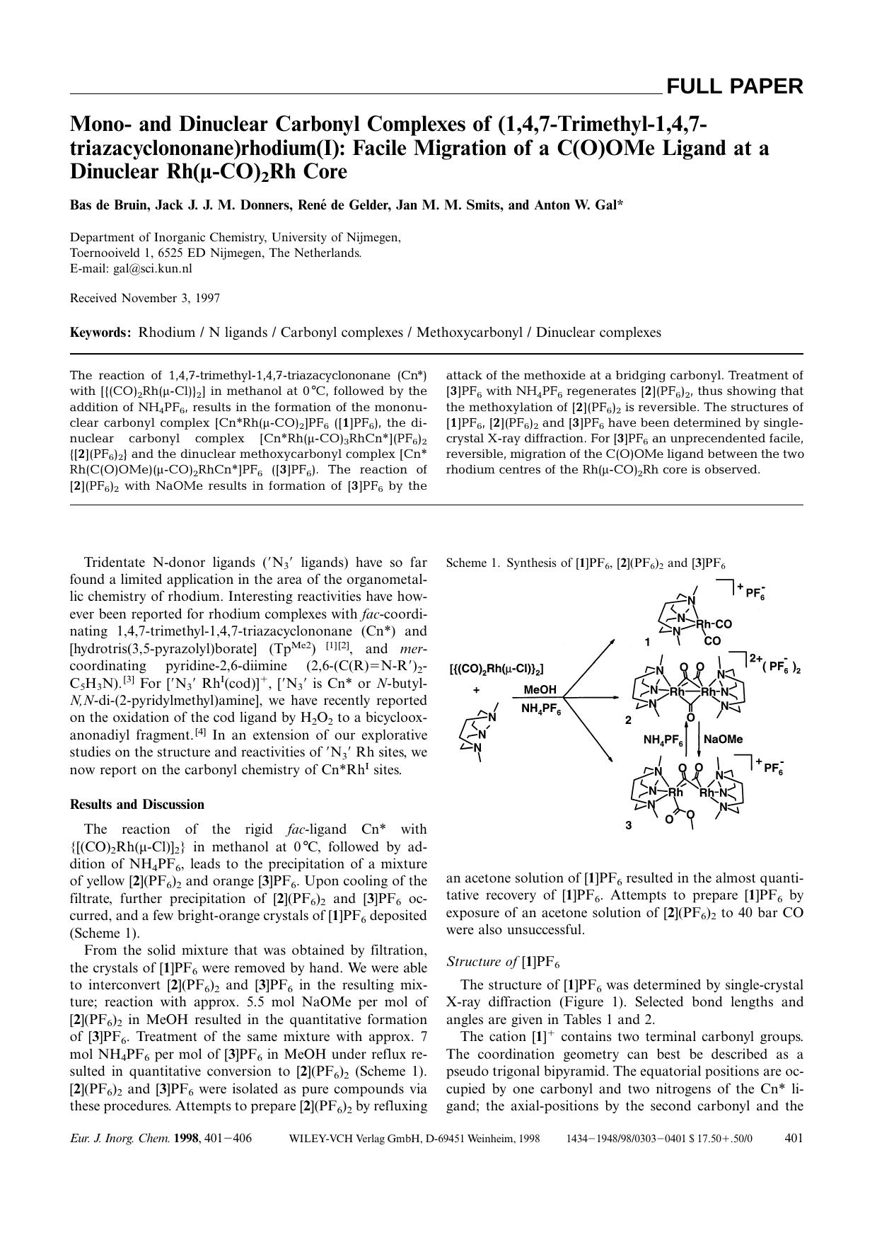 Mono- and Dinuclear Carbonyl Complexes of (1,4,7-Trimethyl-1,4,7-triazacyclononane)rhodium(I): Facile Migration of a C(O)OMe Ligand at a Dinuclear Rh([mgr]-CO)2Rh Core by Unknown