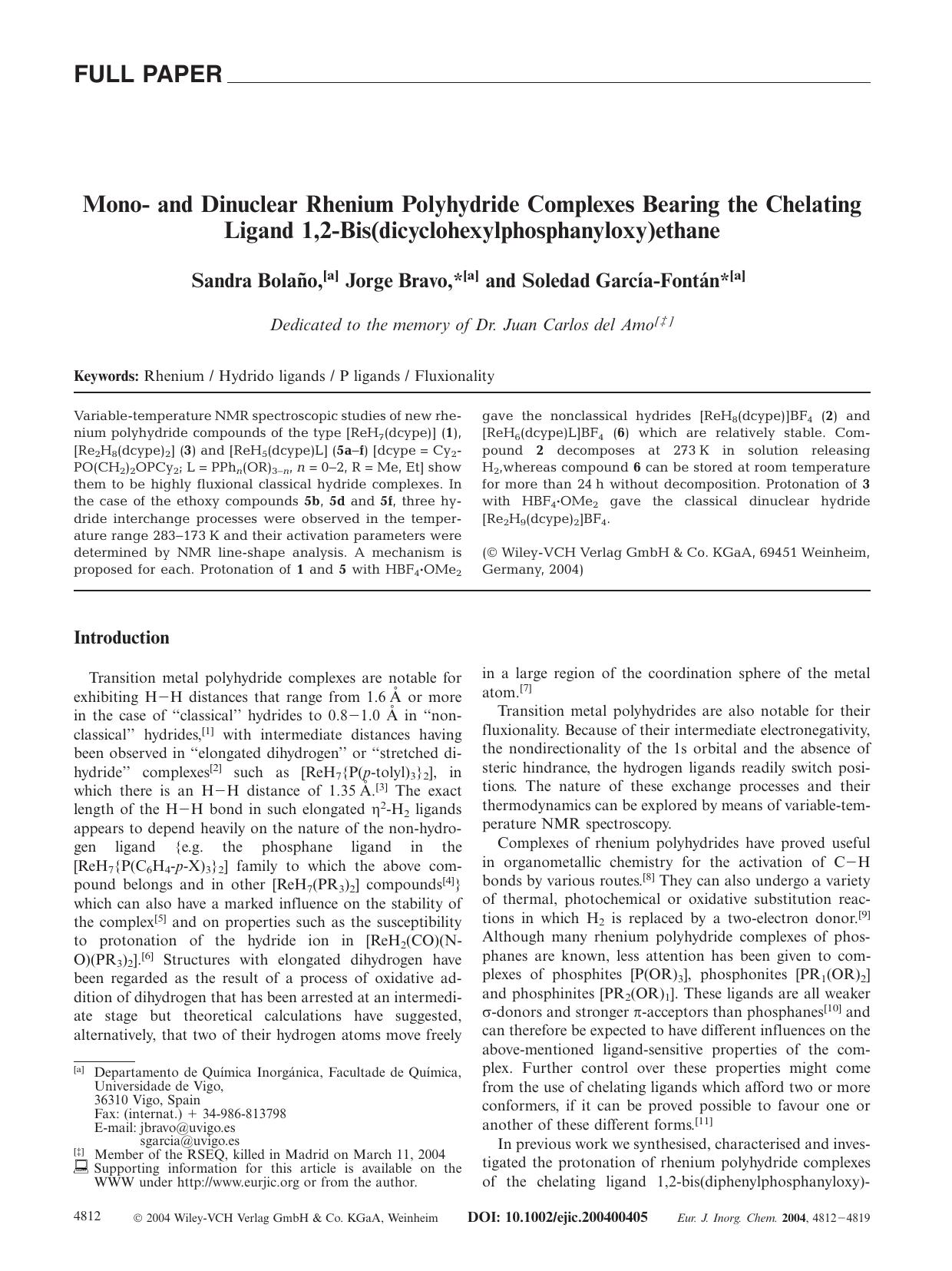 Mono- and Dinuclear Rhenium Polyhydride Complexes Bearing the Chelating Ligand 1,2-Bis(dicyclohexylphosphanyloxy)ethane by Unknown