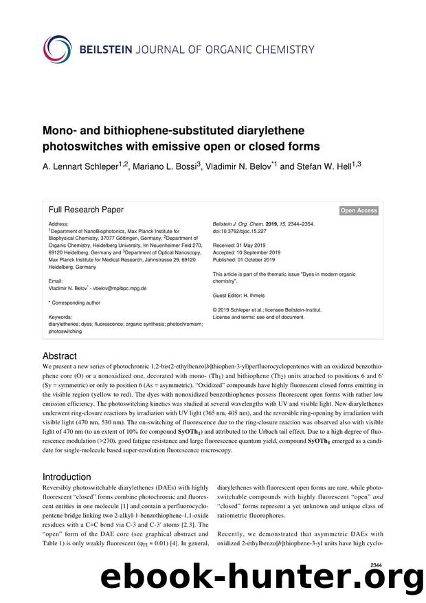 Mono- and bithiophene-substituted diarylethene photoswitches with emissive open or closed forms by A. Lennart Schleper Mariano L. Bossi Vladimir N. Belov Stefan W. Hell