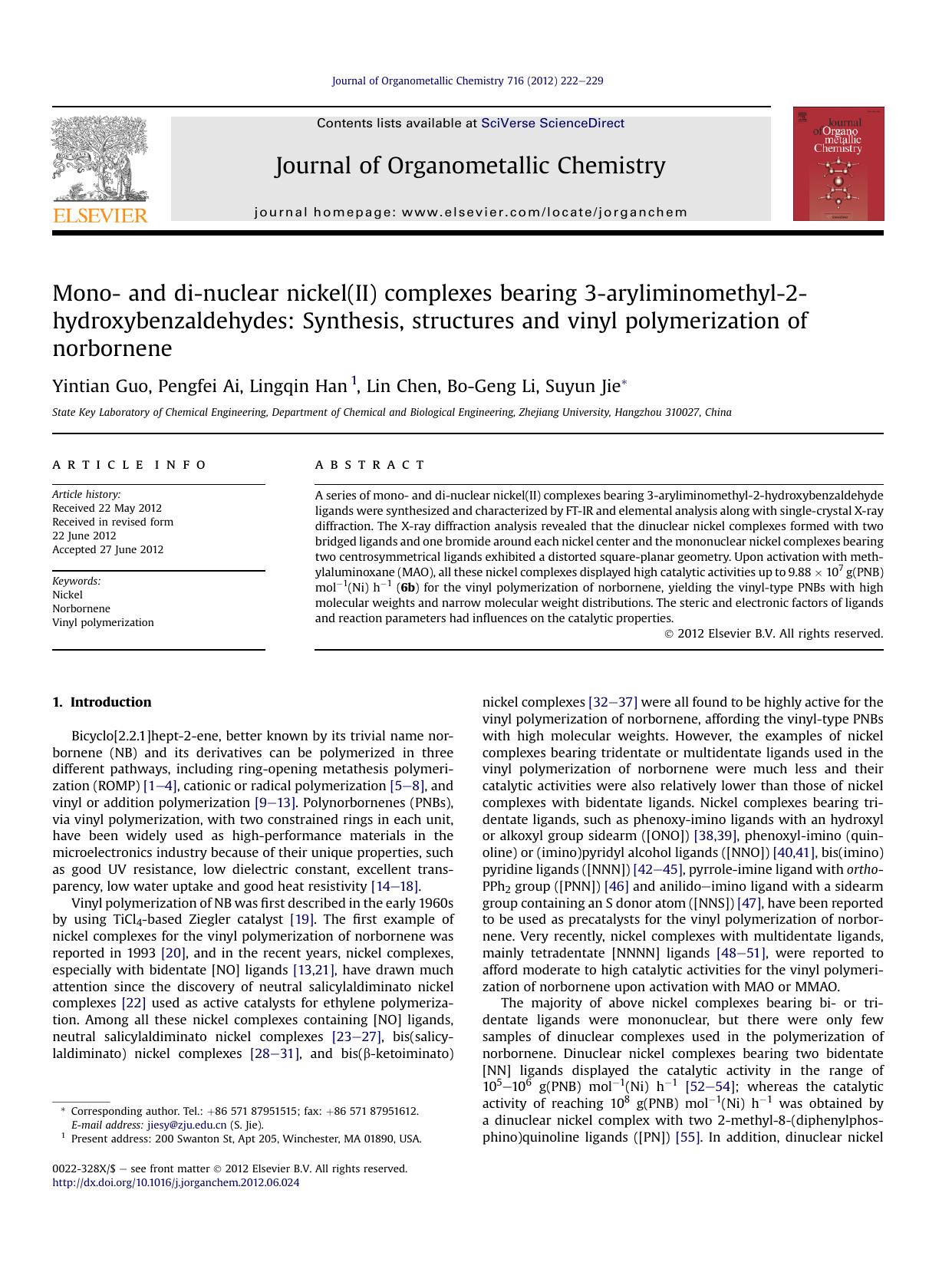 Mono- and di-nuclear nickel(II) complexes bearing 3-aryliminomethyl-2-hydroxybenzaldehydes: Synthesis, structures and vinyl polymerization of norbornene by unknow