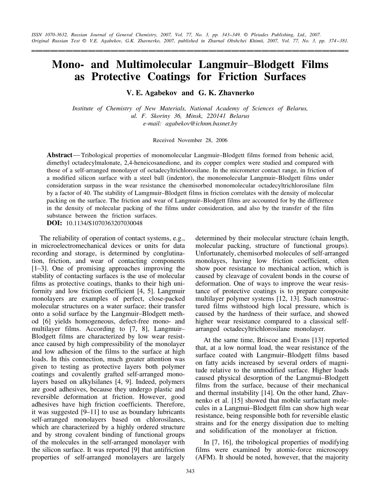 Mono- and multimolecular Langmuir-Blodgett films as protective coatings for friction surfaces by Unknown