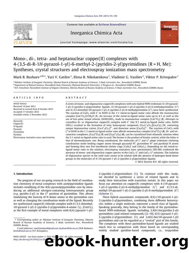 Mono-, di-, tetra- and heptanuclear copper(II) complexes with 4-(3,5-di-R-1H-pyrazol-1-yl)-6-methyl-2-(pyridin-2-yl)pyrimidines (R=H, Me): Syntheses, crystal structures and electro by unknow