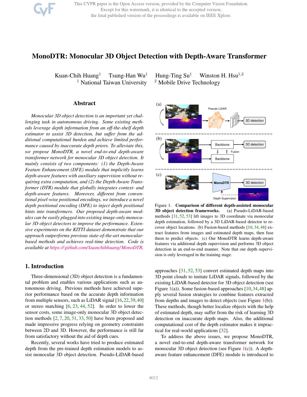 MonoDTR: Monocular 3D Object Detection With Depth-Aware Transformer by Kuan-Chih Huang & Tsung-Han Wu & Hung-Ting Su & Winston H. Hsu