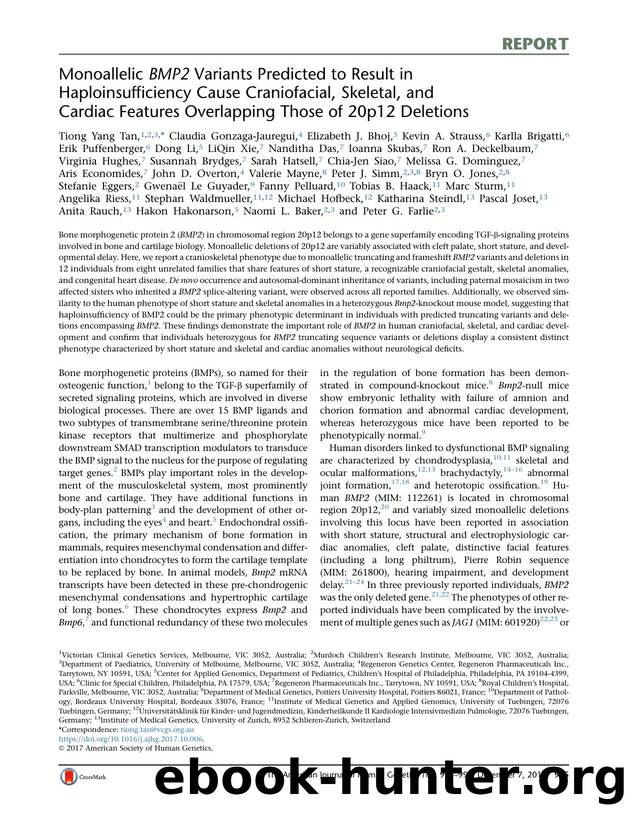 Monoallelic BMP2 Variants Predicted to Result in Haploinsufficiency Cause Craniofacial, Skeletal, and Cardiac Features Overlapping Those of 20p12 Deletions by unknow