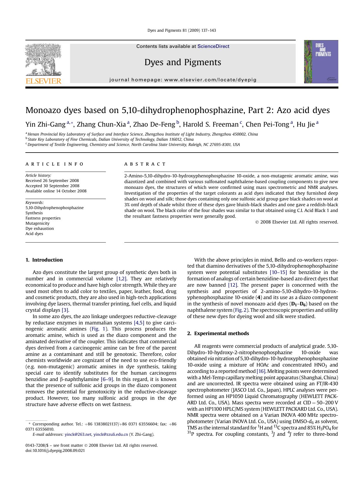 Monoazo dyes based on 5,10-dihydrophenophosphazine, Part 2: Azo acid dyes by Yin Zhi-Gang; Zhang Chun-Xia; Zhao De-Feng; Harold S. Freeman; Chen Pei-Tong; Hu Jie
