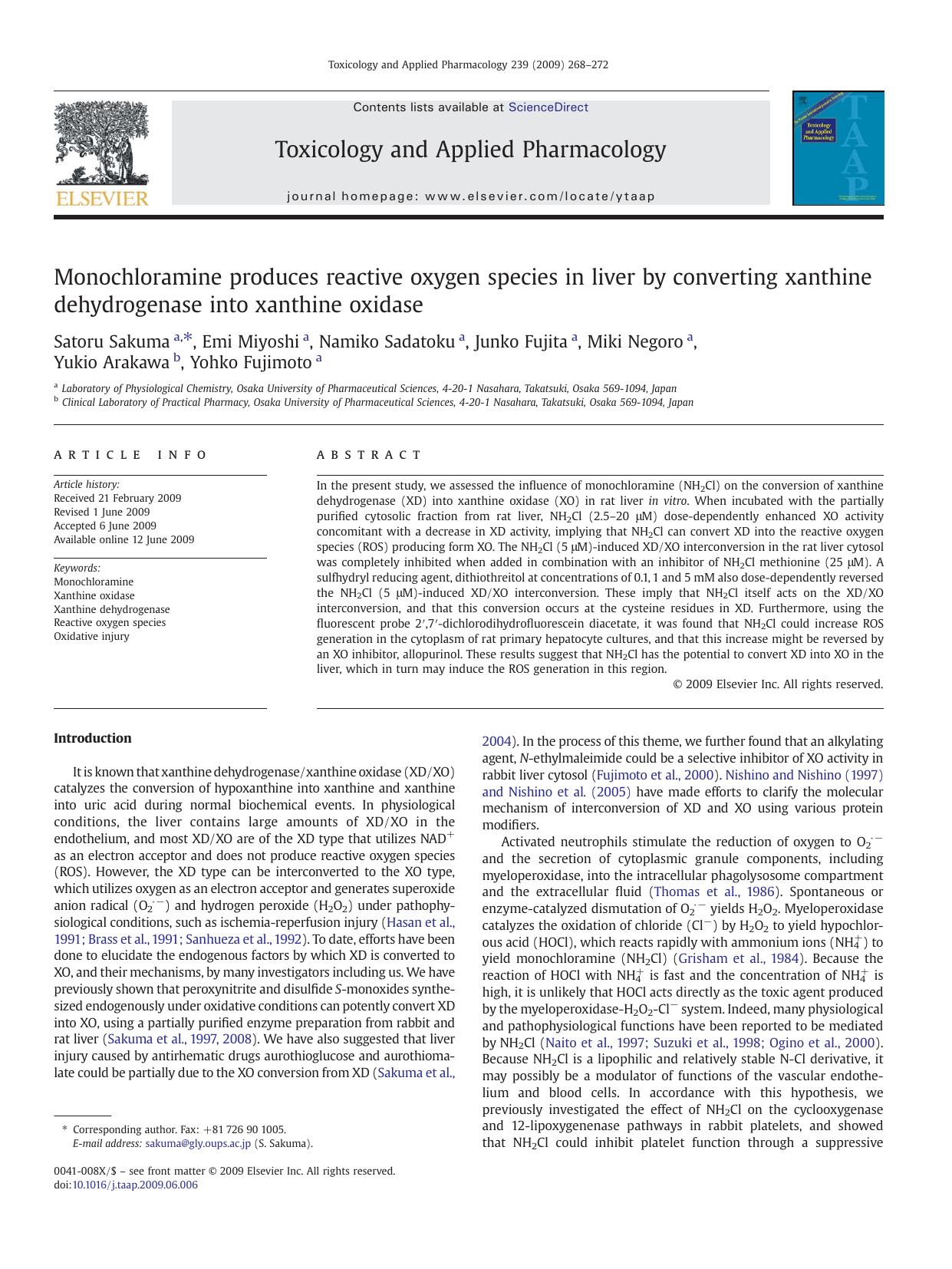 Monochloramine produces reactive oxygen species in liver by converting xanthine dehydrogenase into xanthine oxidase by unknow