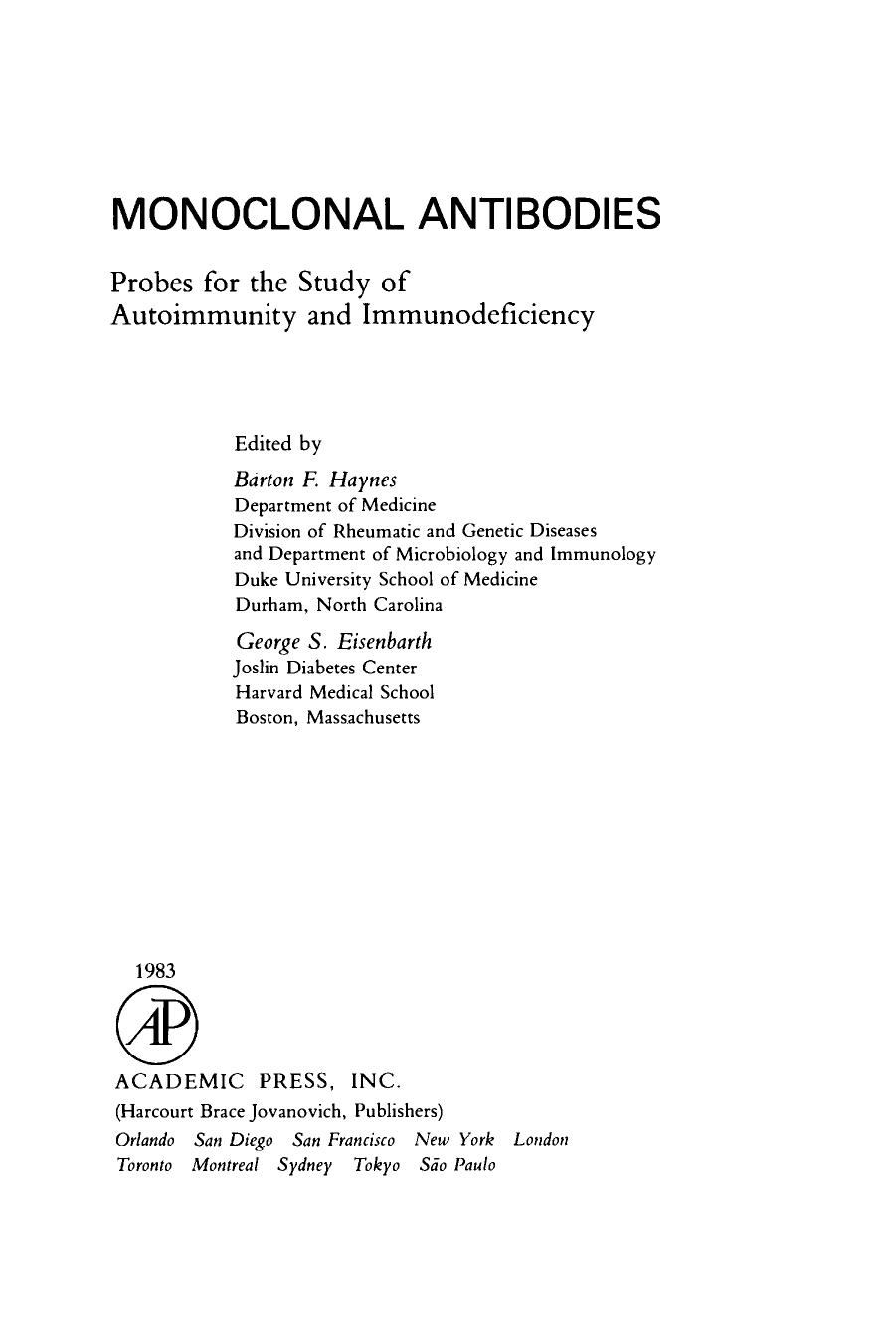 Monoclonal Antibodies. Probes for The Study of Autoimmunity and Immunodeficiency by Barton Haynes (Eds.)