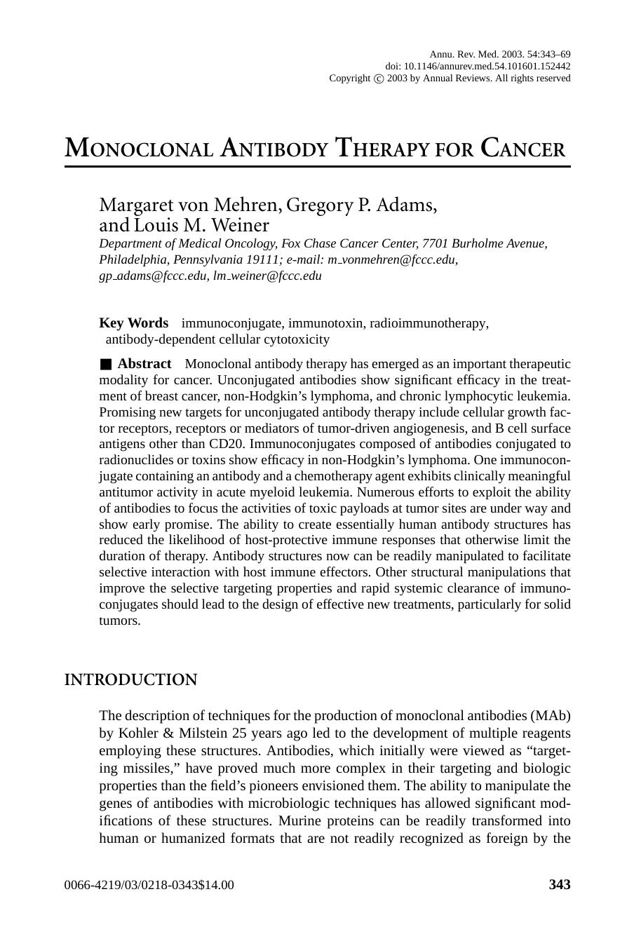 Monoclonal Antibody Therapy for Cancer by Margaret von Mehren Gregory P. Adams and Louis M. Weiner