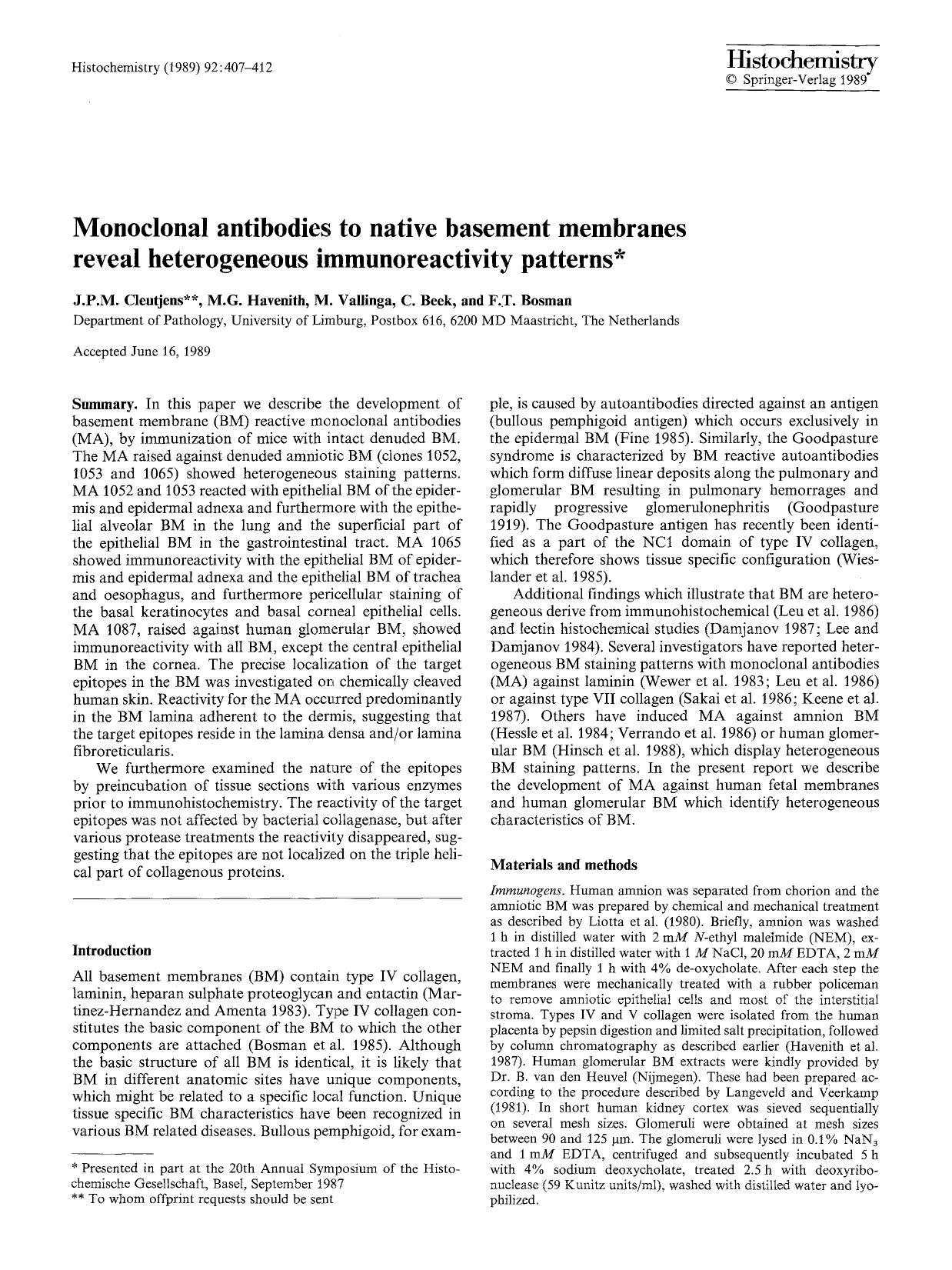Monoclonal antibodies to native basement membranes reveal heterogeneous immunoreactivity patterns by Unknown