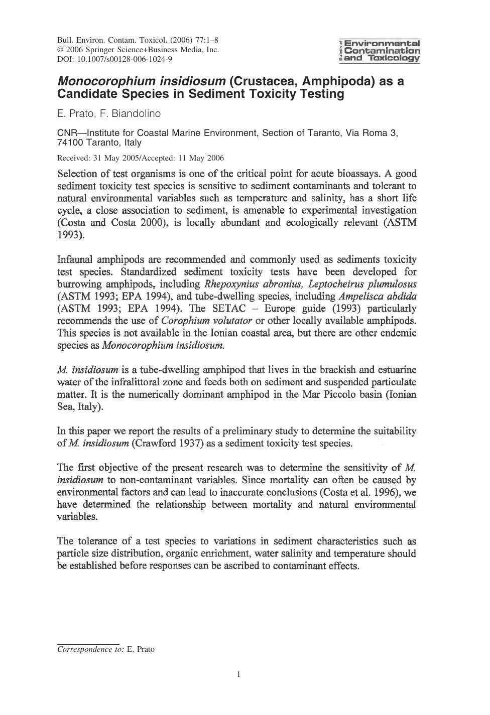 Monocorophium insidiosum (Crustacea, Amphipoda) as a Candidate Species in Sediment Toxicity Testing by Prato & E. & et al