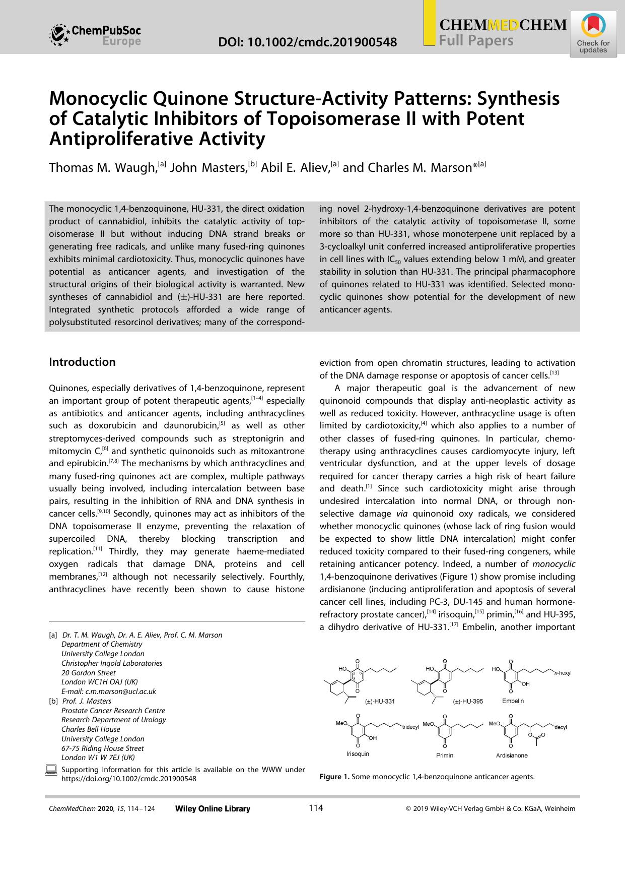 Monocyclic Quinone StructureâActivity Patterns: Synthesis of Catalytic Inhibitors of Topoisomerase II with Potent Antiproliferative Activity by Unknown