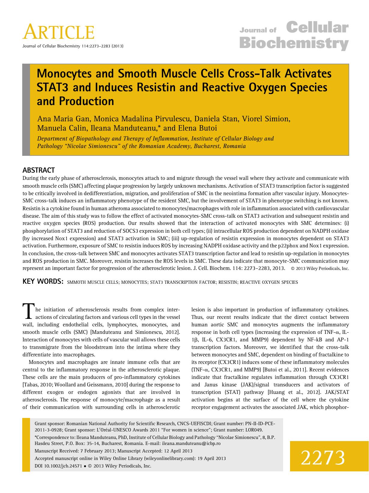 Monocytes and smooth muscle cells crosstalk activates STAT3 and induces resistin and reactive oxygen species and production by Unknown