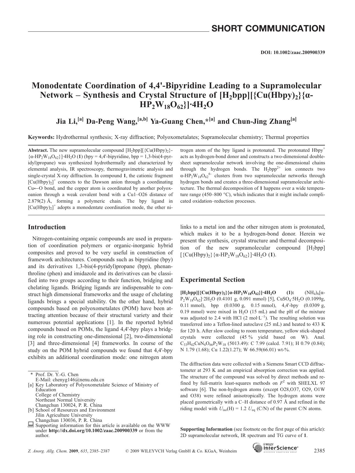 Monodentate Coordination of 4,4[prime]-Bipyridine Leading to a Supramolecular Network - Synthesis and Crystal Structure of [H2bpp][{Cu(Hbpy)2}{[alpha]-HP2W18O62}]Â·4H2O by Unknown