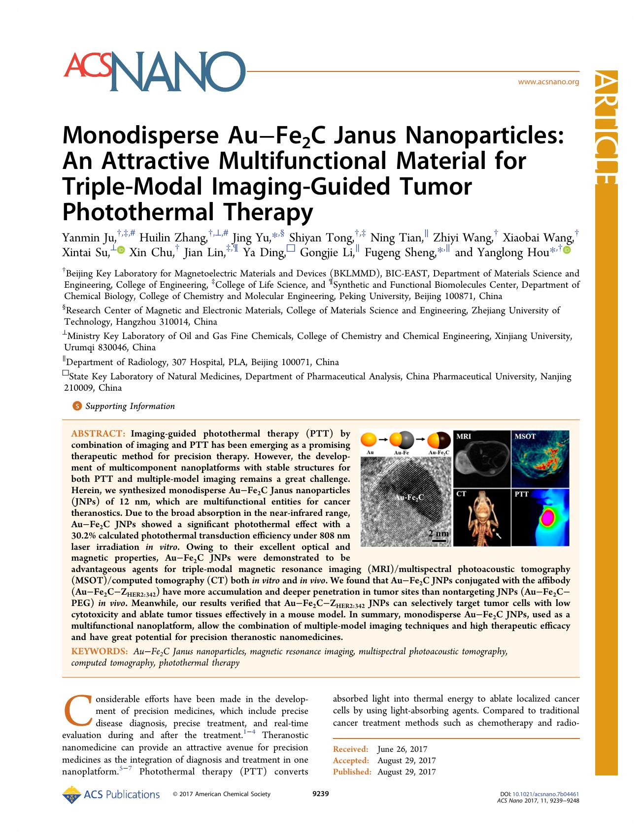 Monodisperse AuâFe2C Janus Nanoparticles: An Attractive Multifunctional Material for Triple-Modal Imaging-Guided Tumor Photothermal Therapy by unknow
