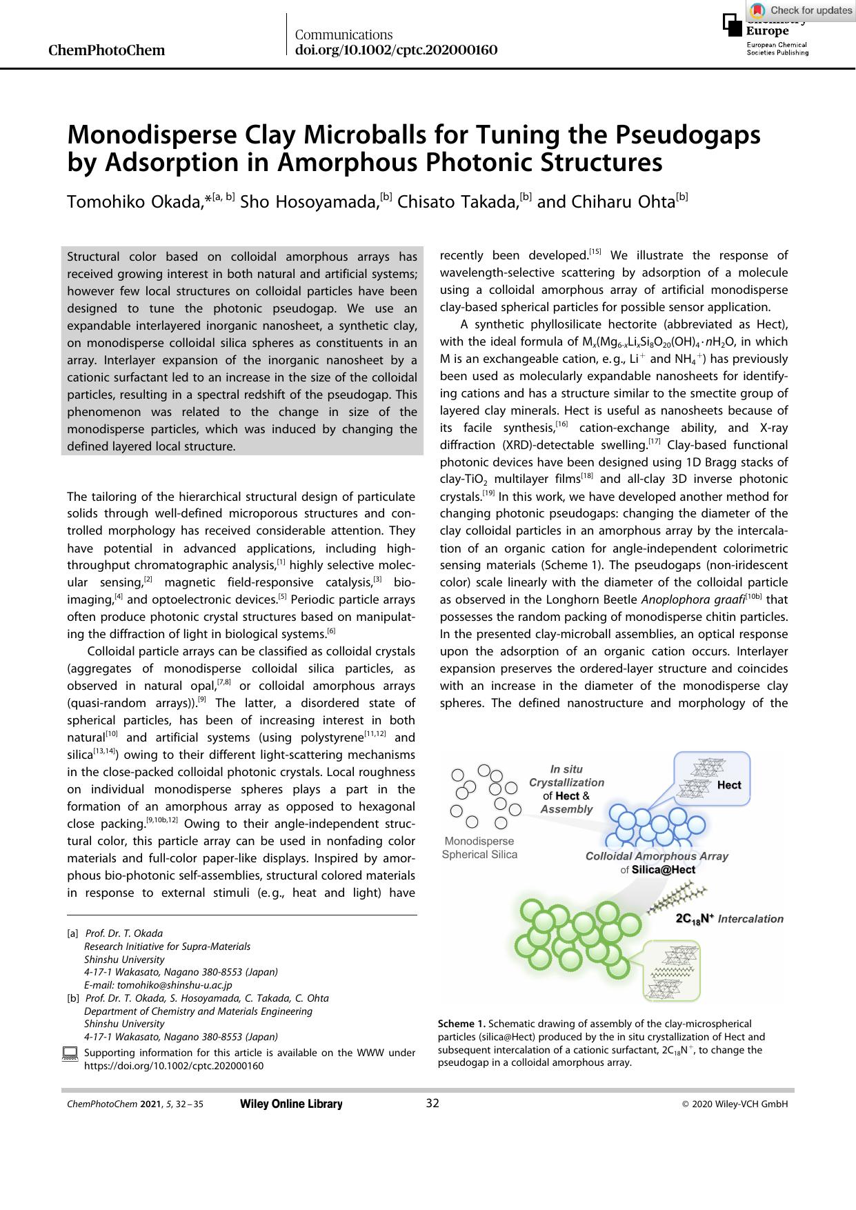 Monodisperse Clay Microballs for Tuning the Pseudogaps by Adsorption in Amorphous Photonic Structures by Unknown