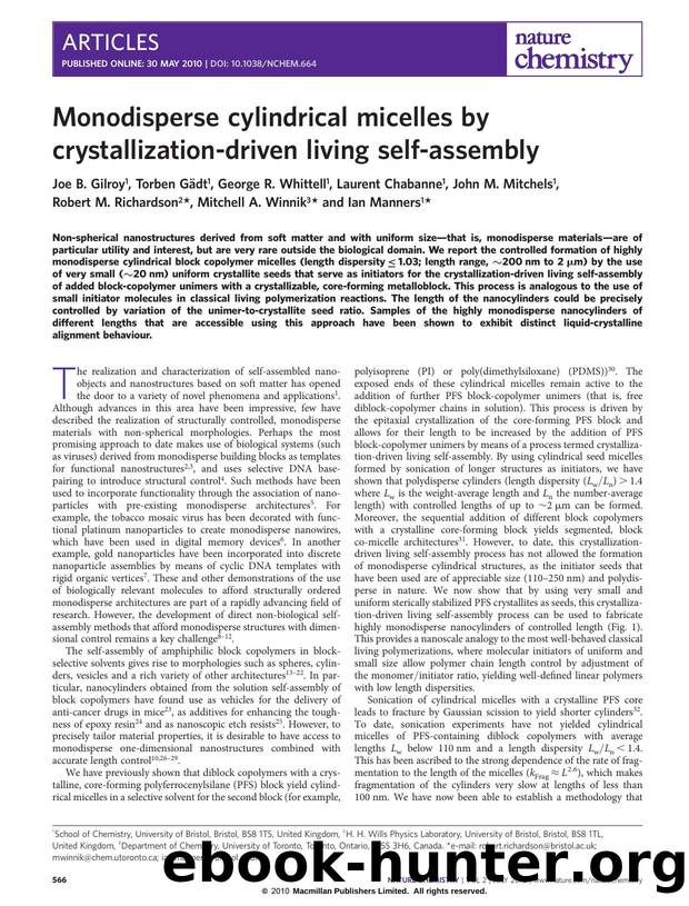 Monodisperse cylindrical micelles by crystallization-driven living self-assembly by unknow