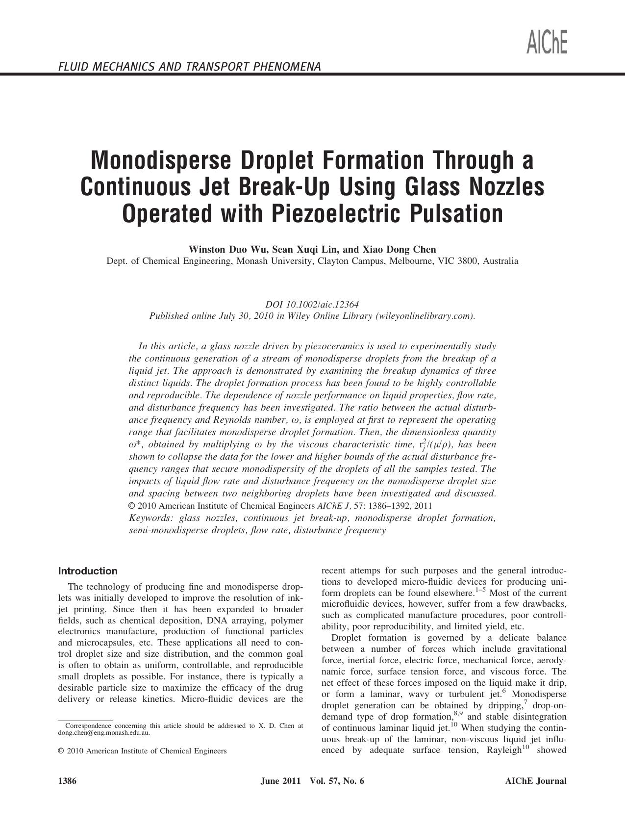 Monodisperse droplet formation through a continuous jet breakup using glass nozzles operated with piezoelectric pulsation by Unknown