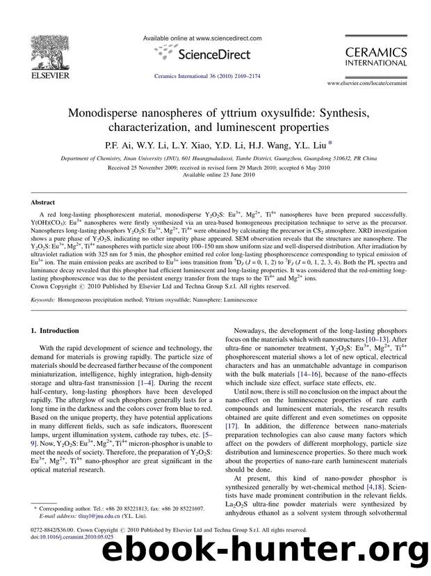 Monodisperse nanospheres of yttrium oxysulfide: Synthesis, characterization, and luminescent properties by P.F. Ai