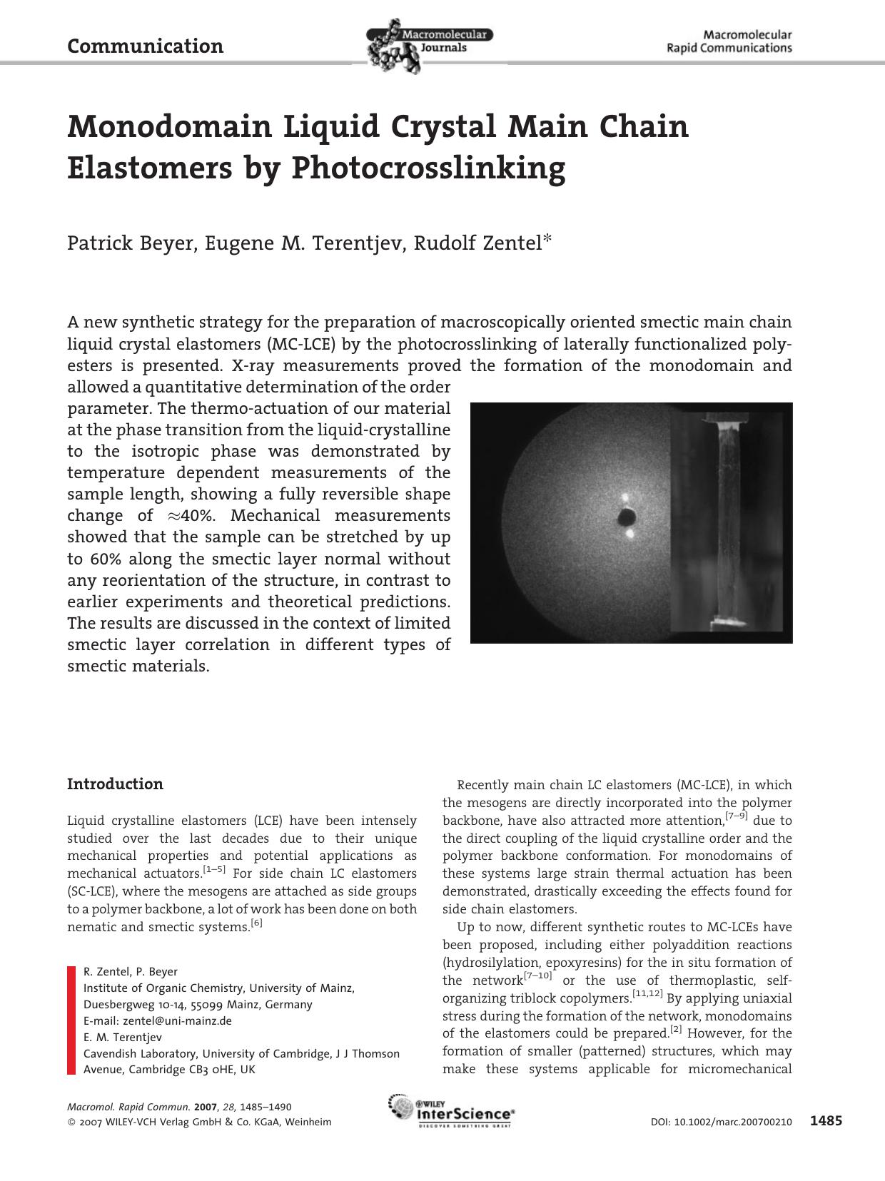 Monodomain Liquid Crystal Main Chain Elastomers by Photocrosslinking by Unknown