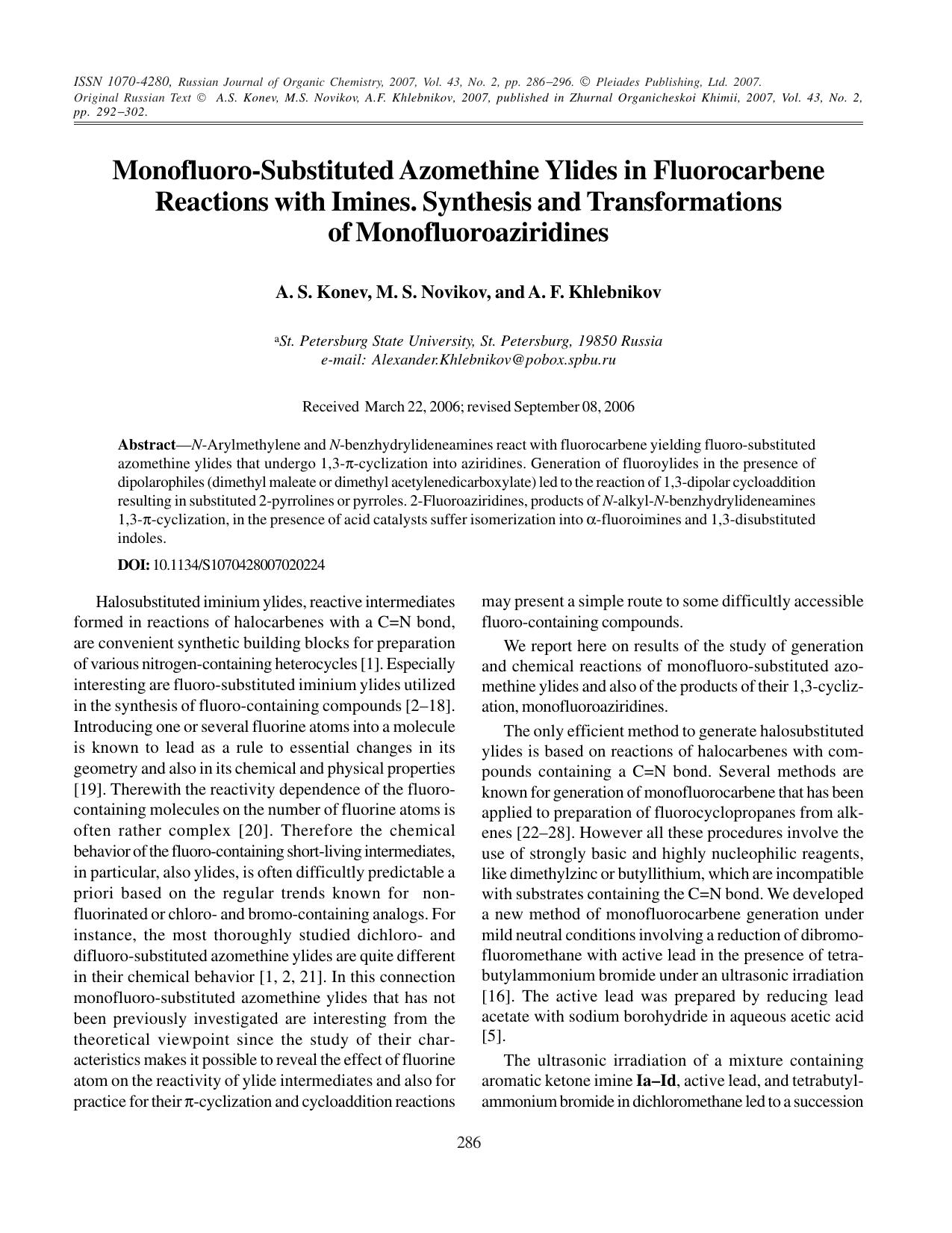 Monofluoro-substituted azomethine ylides in fluorocarbene reactions with imines. Synthesis and transformations of monofluoroaziridines by Unknown
