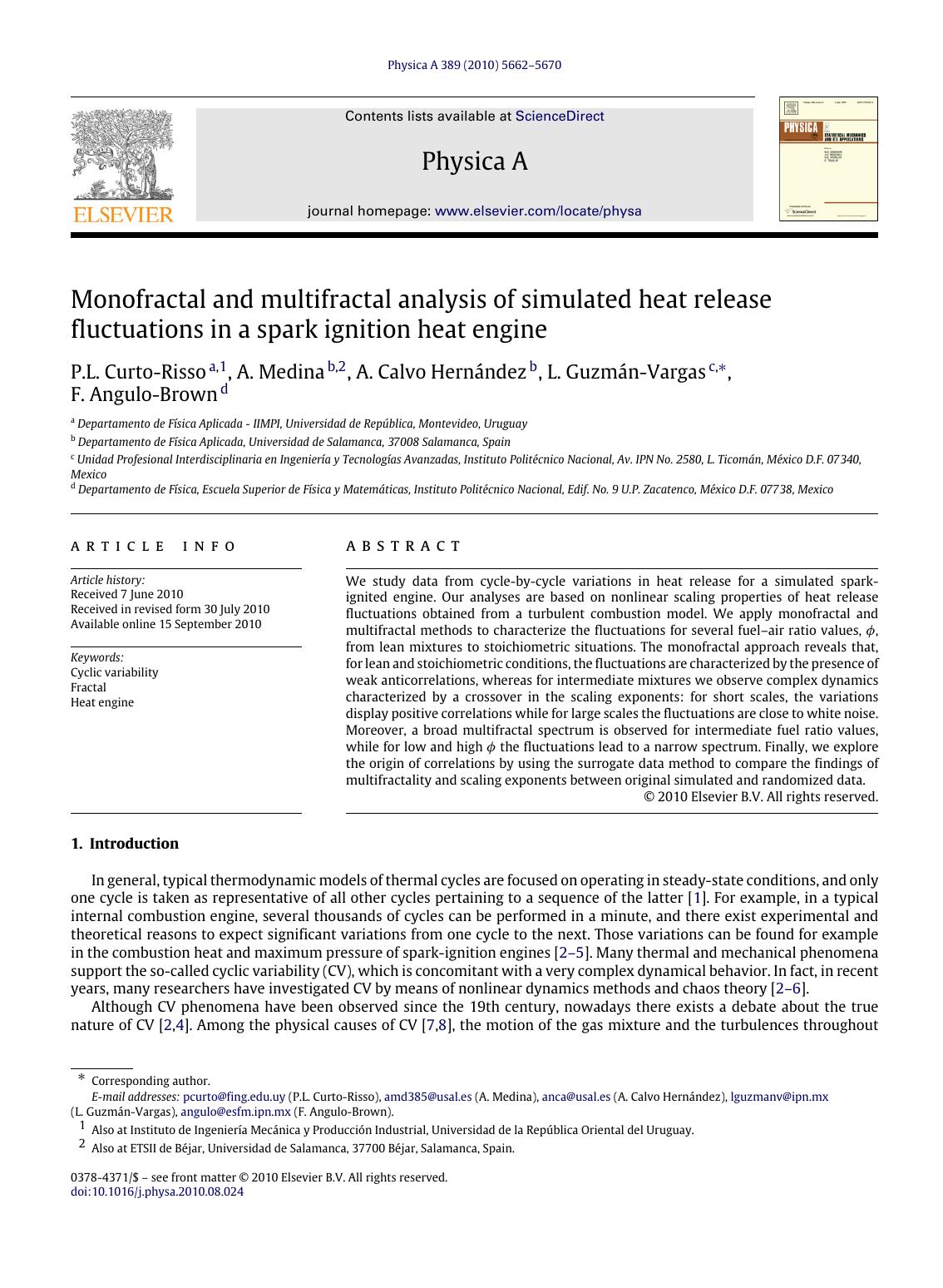 Monofractal and multifractal analysis of simulated heat release fluctuations in a spark ignition heat engine by P.L. Curto-Risso & A. Medina & A. Calvo Hernández & L. Guzmán-Vargas & F. Angulo-Brown