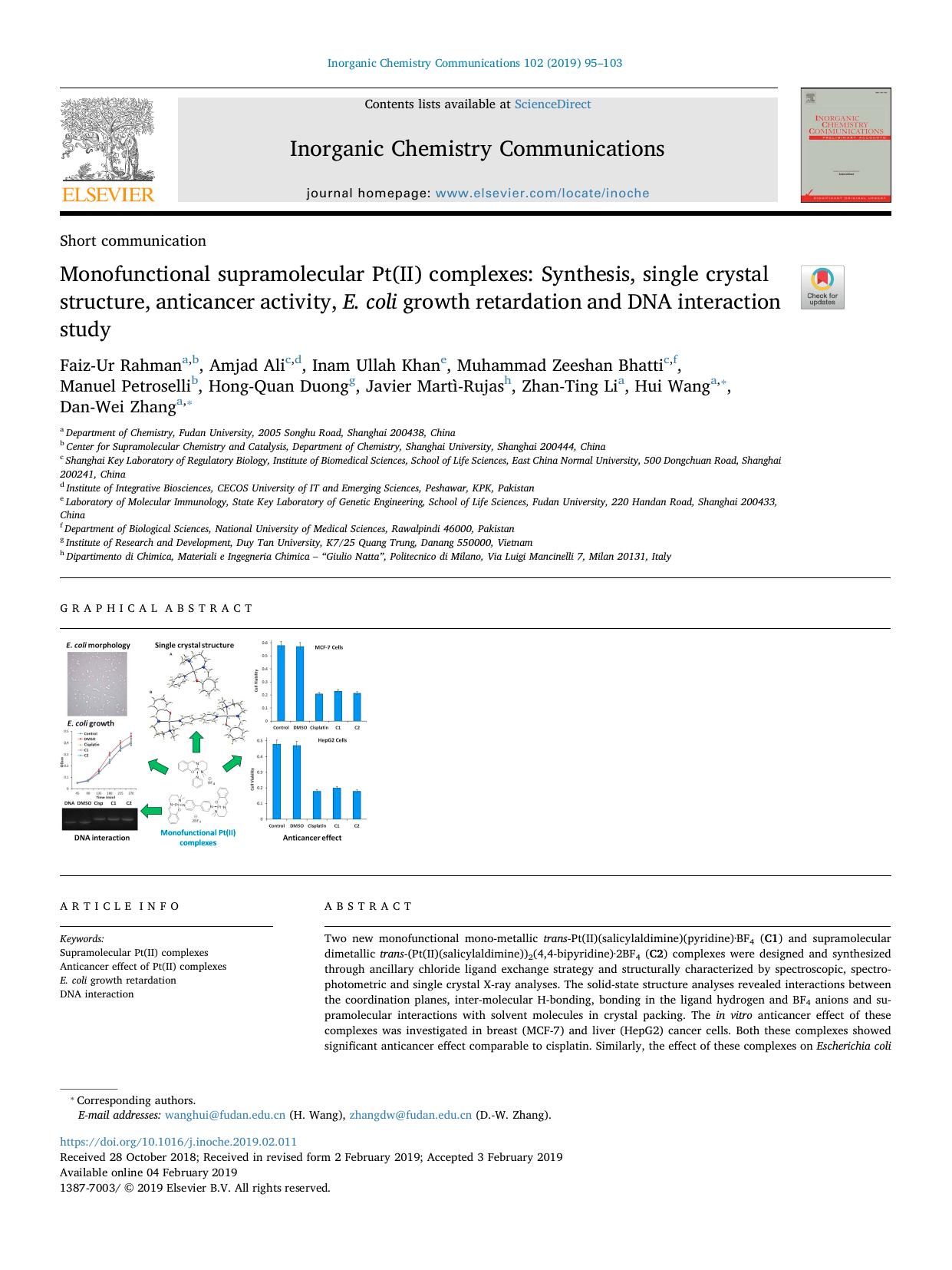 Monofunctional supramolecular Pt(II) complexes_ Synthesis, single crystal structure, anticancer activity, E. coli growth retardation and DNA interaction study by unknow