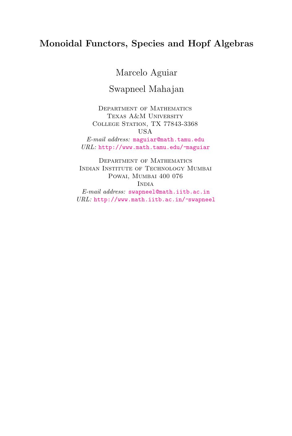 Monoidal Functors, Species and Hopf Algebras by Marcelo Aguiar Swapneel Mahajan
