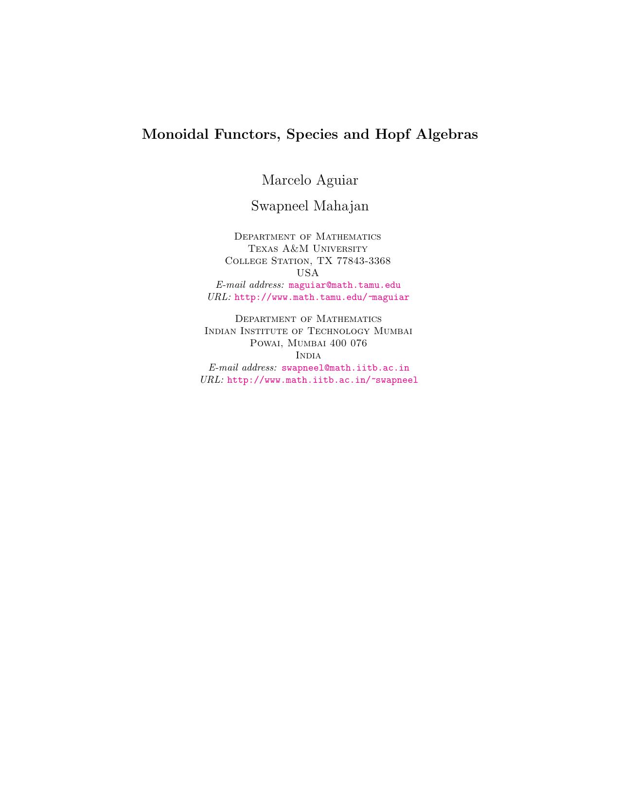 Monoidal functors, species and Hopf algebras [book draft] by Marcelo Aguiar Swapneel Mahajan
