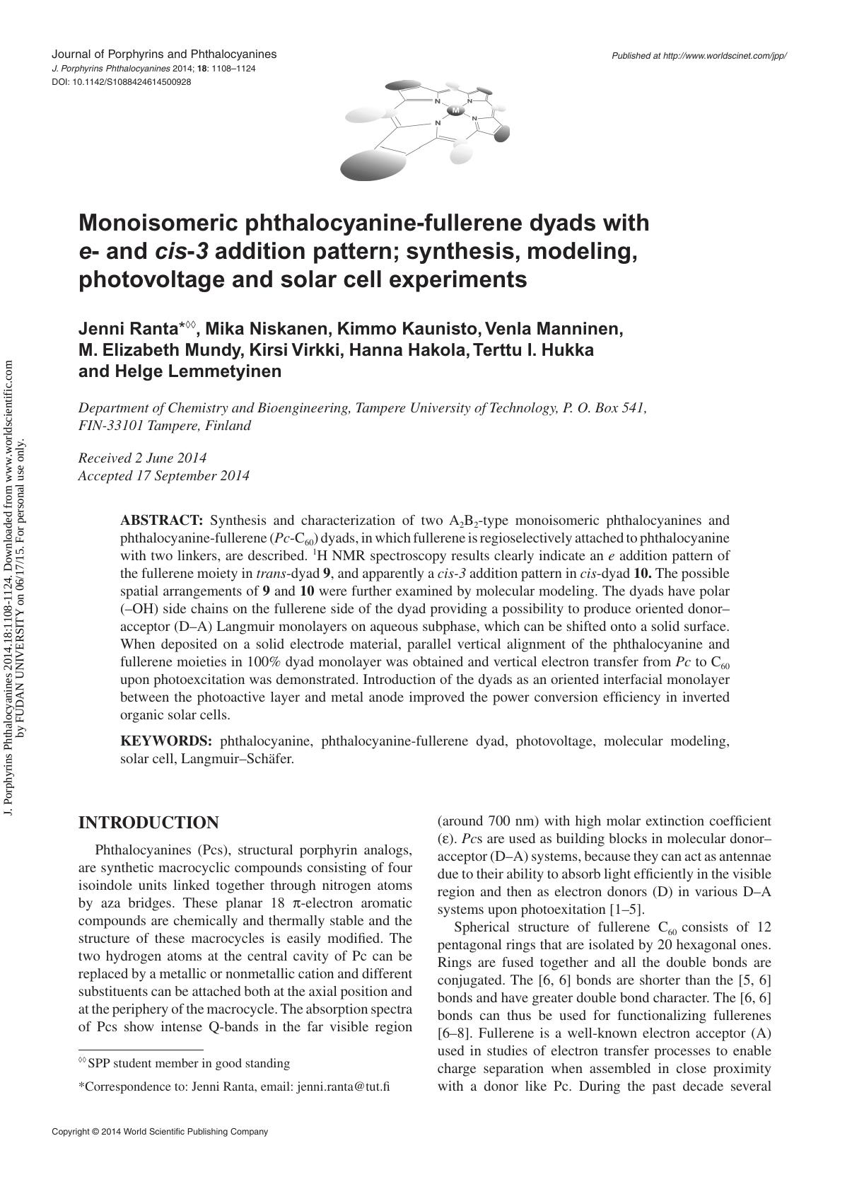 Monoisomeric phthalocyanine-fullerene dyads with e- and cis-3 addition pattern; synthesis, modeling, photovoltage and solar cell experiments by unknow