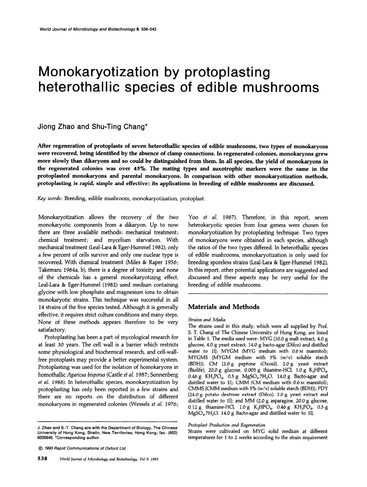 Monokaryotization by protoplasting heterothallic species of edible mushrooms by Unknown