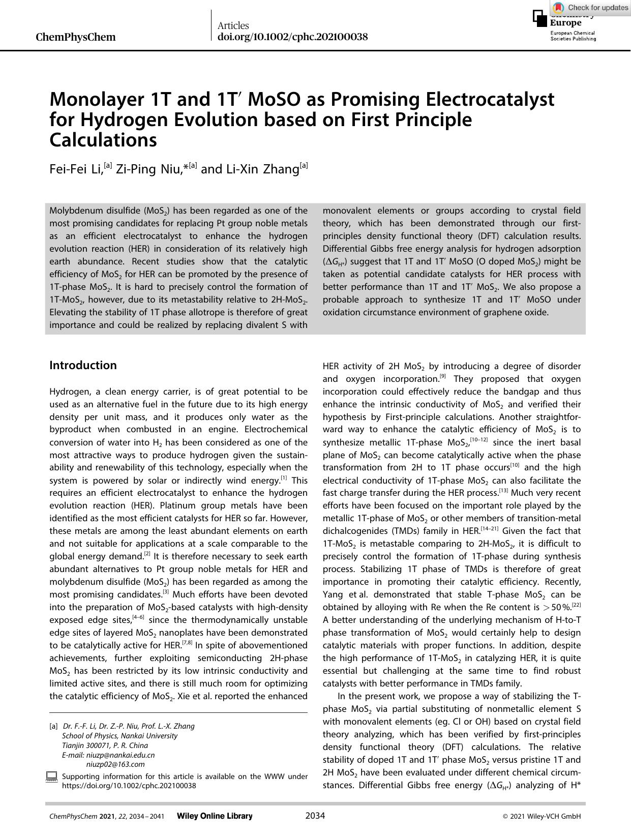 Monolayer 1T and 1Tâ² MoSO as Promising Electrocatalyst for Hydrogen Evolution based on First Principle Calculations by Unknown