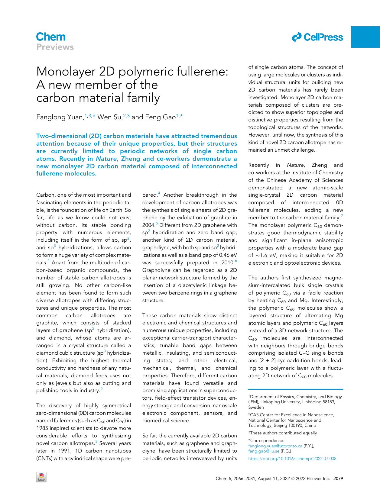 Monolayer 2D polymeric fullerene: A new member of the carbon material family by Fanglong Yuan & Wen Su & Feng Gao
