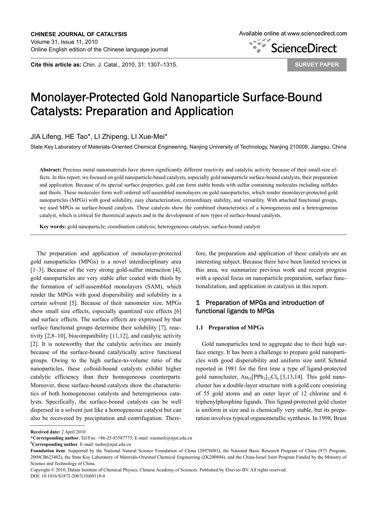 Monolayer-Protected Gold Nanoparticle Surface-Bound Catalysts: Preparation and Application by Lifeng JIA & Tao HE & Zhipeng LI & Xue-Mei LI