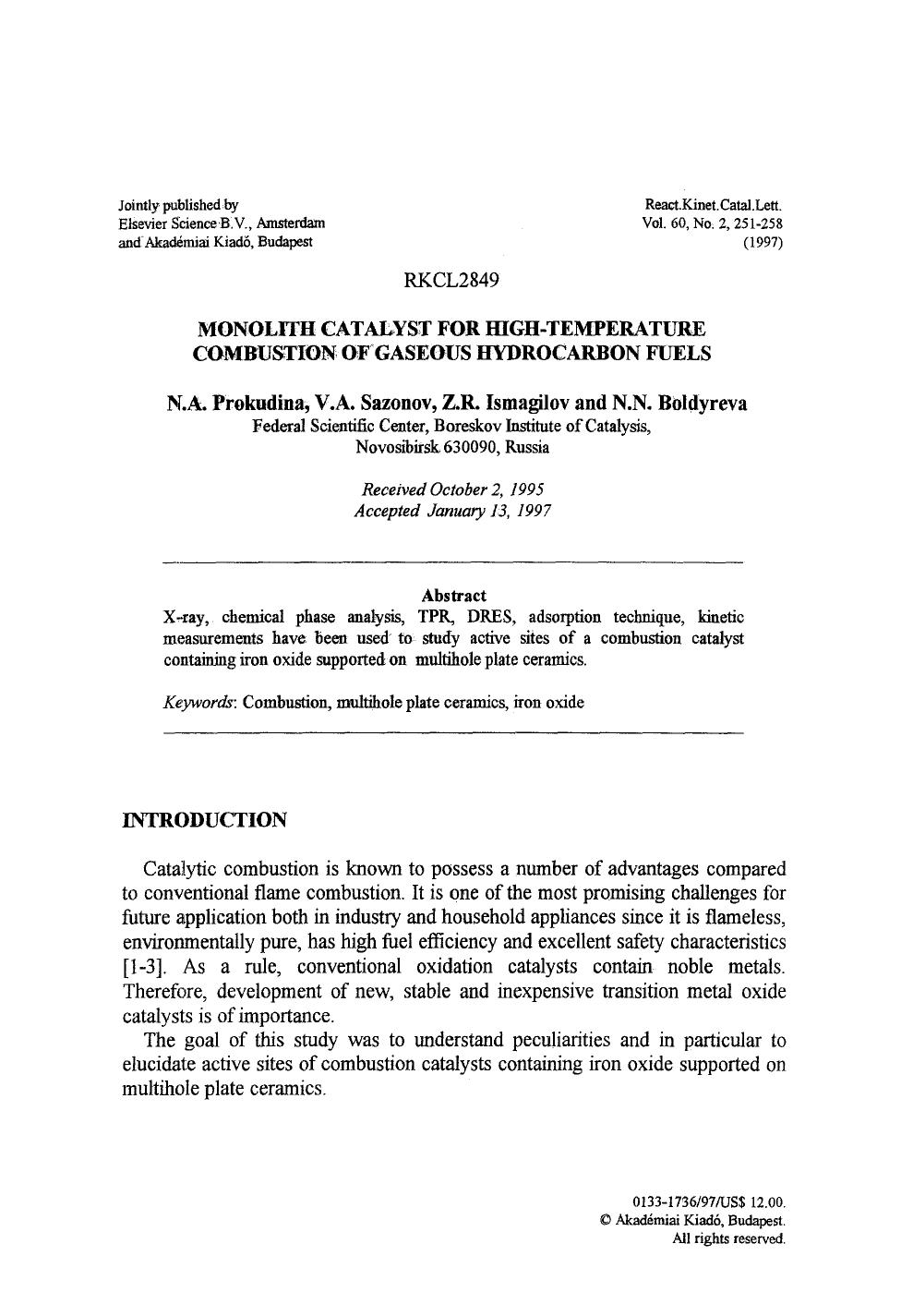 Monolith catalyst for high-temperature combustion of gaseous hydrocarbon fuels by Unknown