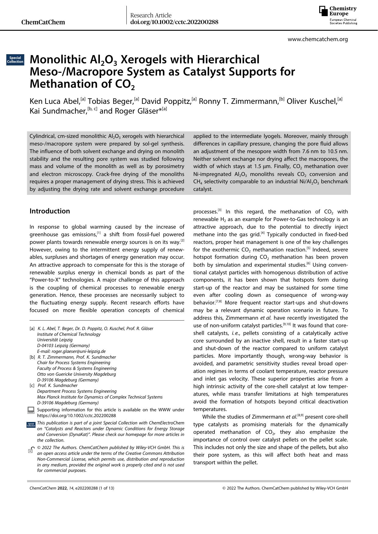 Monolithic Al2O3 Xerogels with Hierarchical MesoâMacropore System as Catalyst Supports for Methanation of CO2 by Unknown