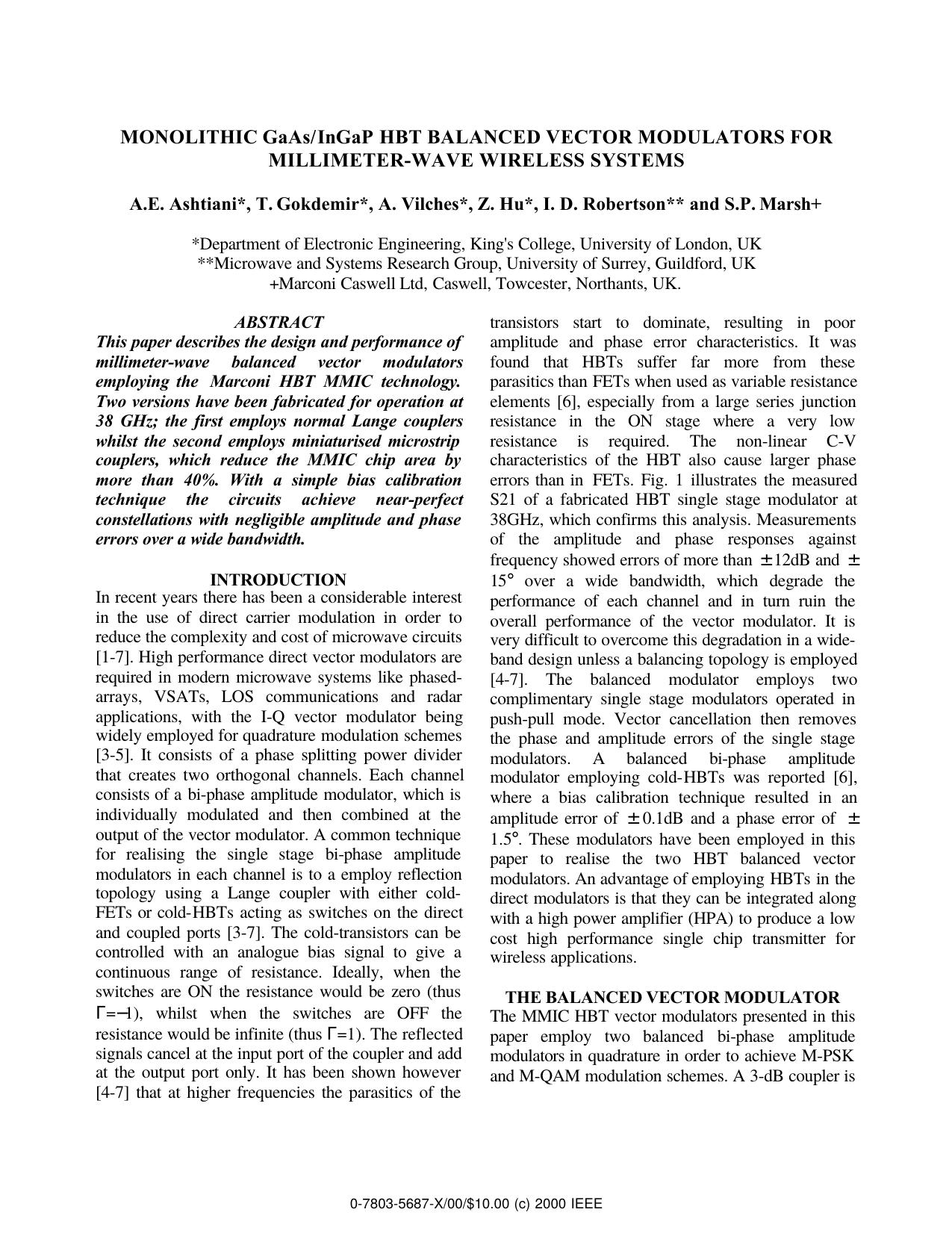 Monolithic GaAsInGaP HBT Balanced Vector Modulators for Millimeter-Wave Wireless Systems by A. E. Ashtiani T. Gokdemir A. Vilches Z. Hu I. D. Robertson & S. P. Marsh