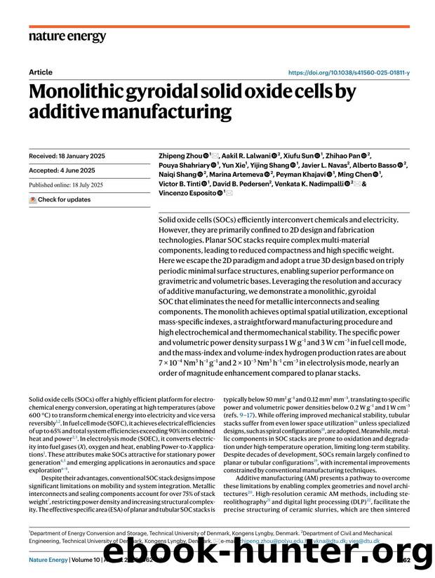 Monolithic gyroidal solid oxide cells by additive manufacturing by unknow