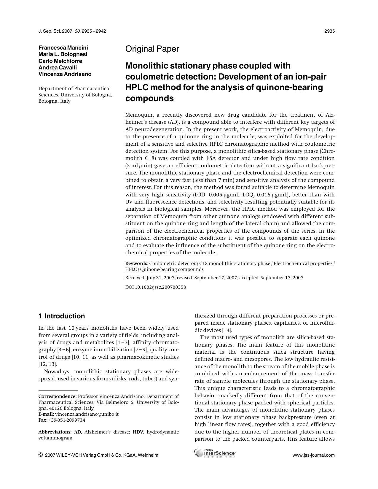 Monolithic stationary phase coupled with coulometric detection: Development of an ion-pair HPLC method for the analysis of quinone-bearing compounds by Unknown