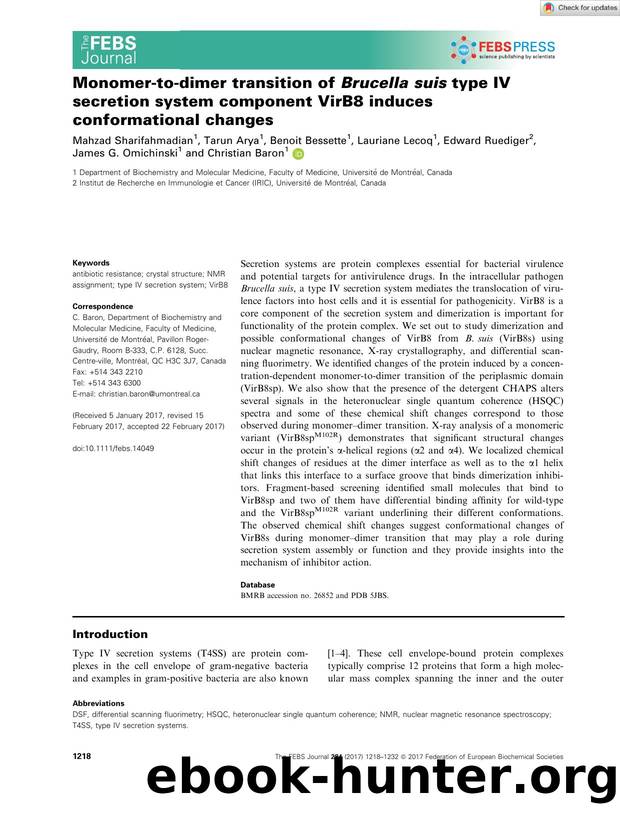 Monomerâtoâdimer transition of BrucellaÂ suis type IV secretion system component VirB8 induces conformational changes by Unknown