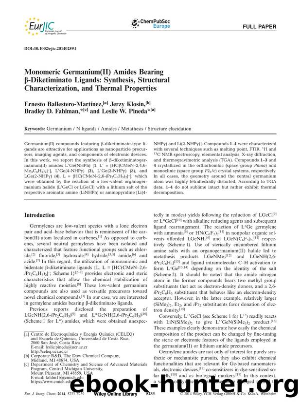 Monomeric Germanium(II) Amides Bearing Diketiminato Ligands: Synthesis, Structural Characterization, and Thermal Properties by Unknown