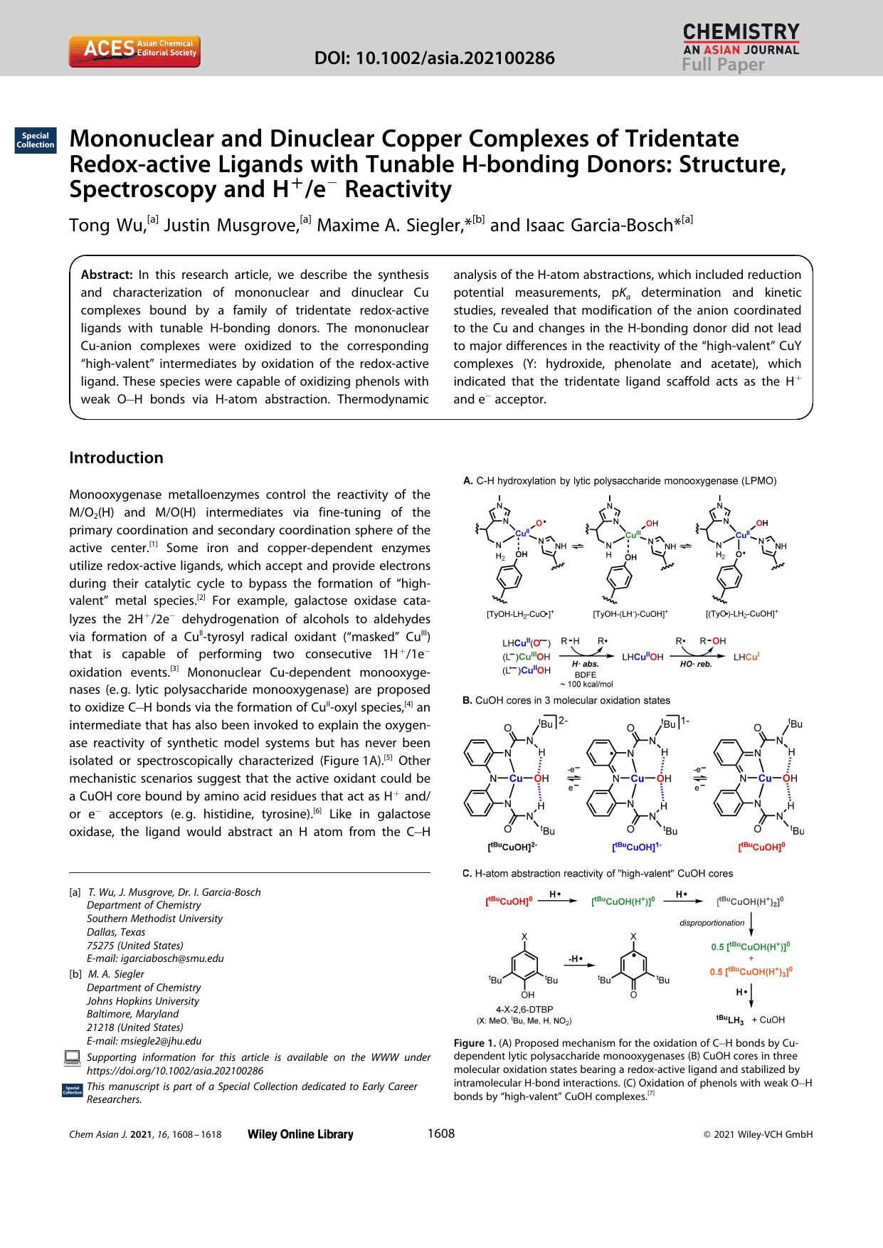 Mononuclear and Dinuclear Copper Complexes of Tridentate Redoxâactive Ligands with Tunable Hâbonding Donors: Structure, Spectroscopy and H+eâ Reactivity by Unknown