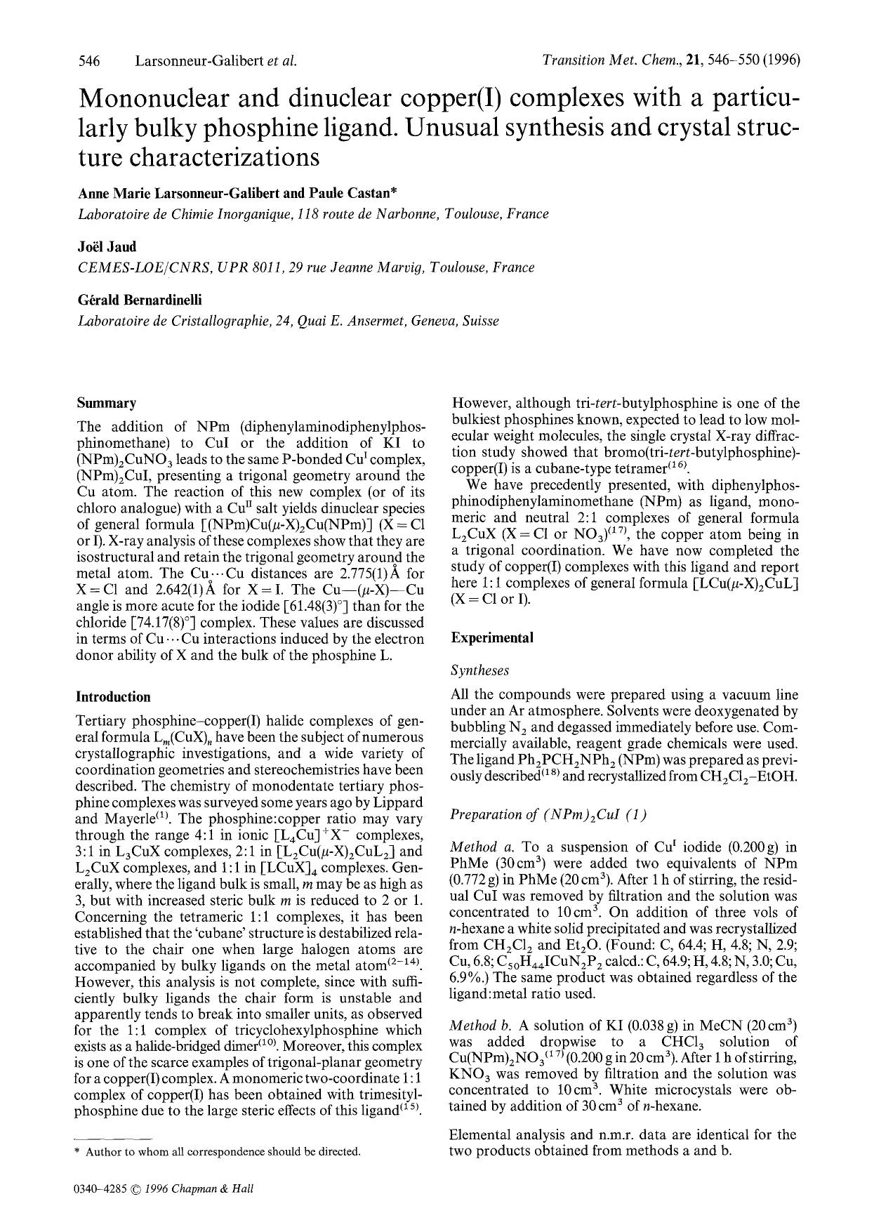 Mononuclear and dinuclear copper(I) complexes with a particularly bulky phosphine ligand. Unusual synthesis and crystal structure characterizations by Unknown
