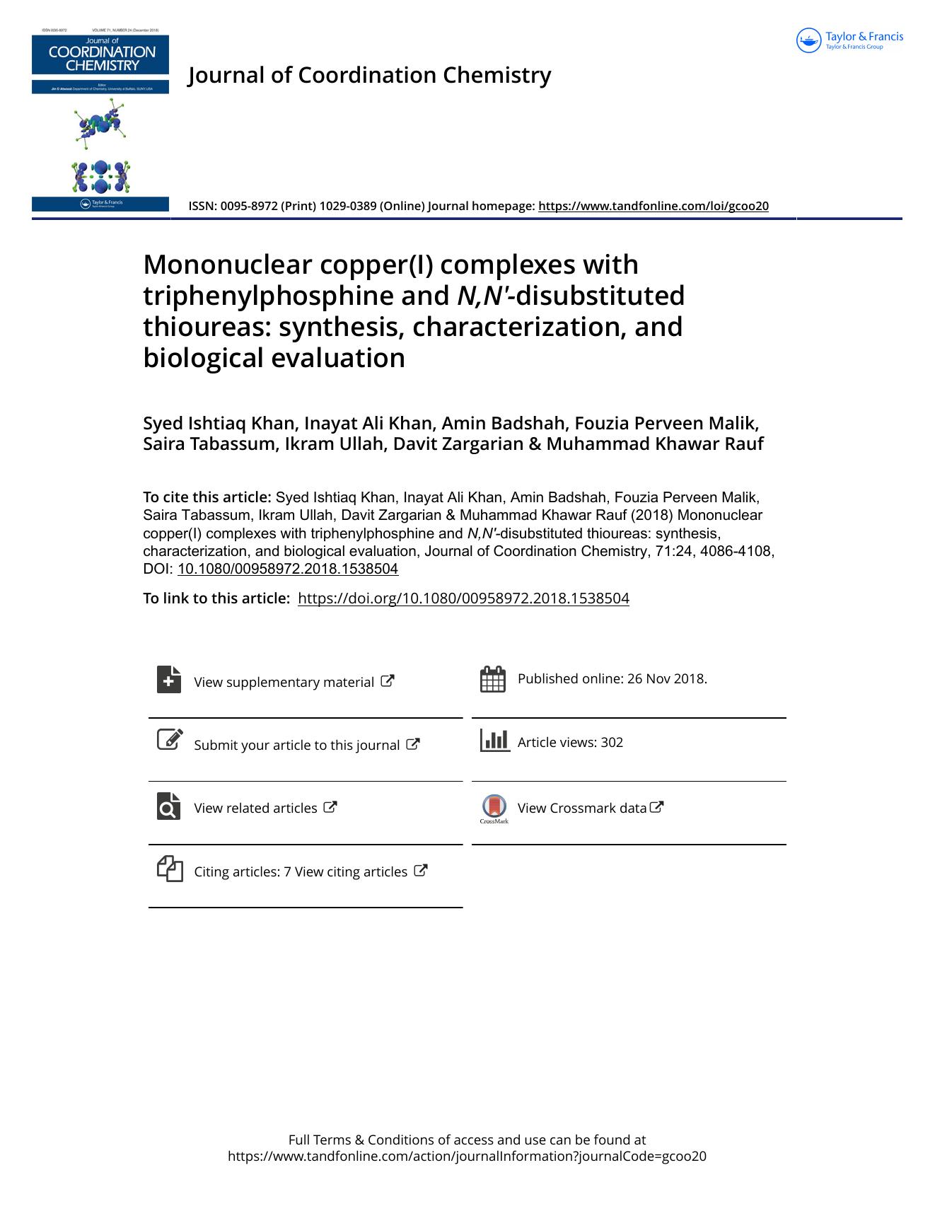 Mononuclear copper(I) complexes with triphenylphosphine and N,Nâ²-disubstituted thioureas: synthesis, characterization, and biological evaluation by unknow