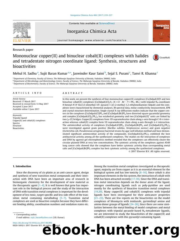 Mononuclear copper(II) and binuclear cobalt(II) complexes with halides and tetradentate nitrogen coordinate ligand: Synthesis, structures and bioactivities by Mehul H. Sadhu & Sujit Baran Kumar & Jaswinder Kaur Saini & Sejal S. Purani & Tanvi R. Khanna