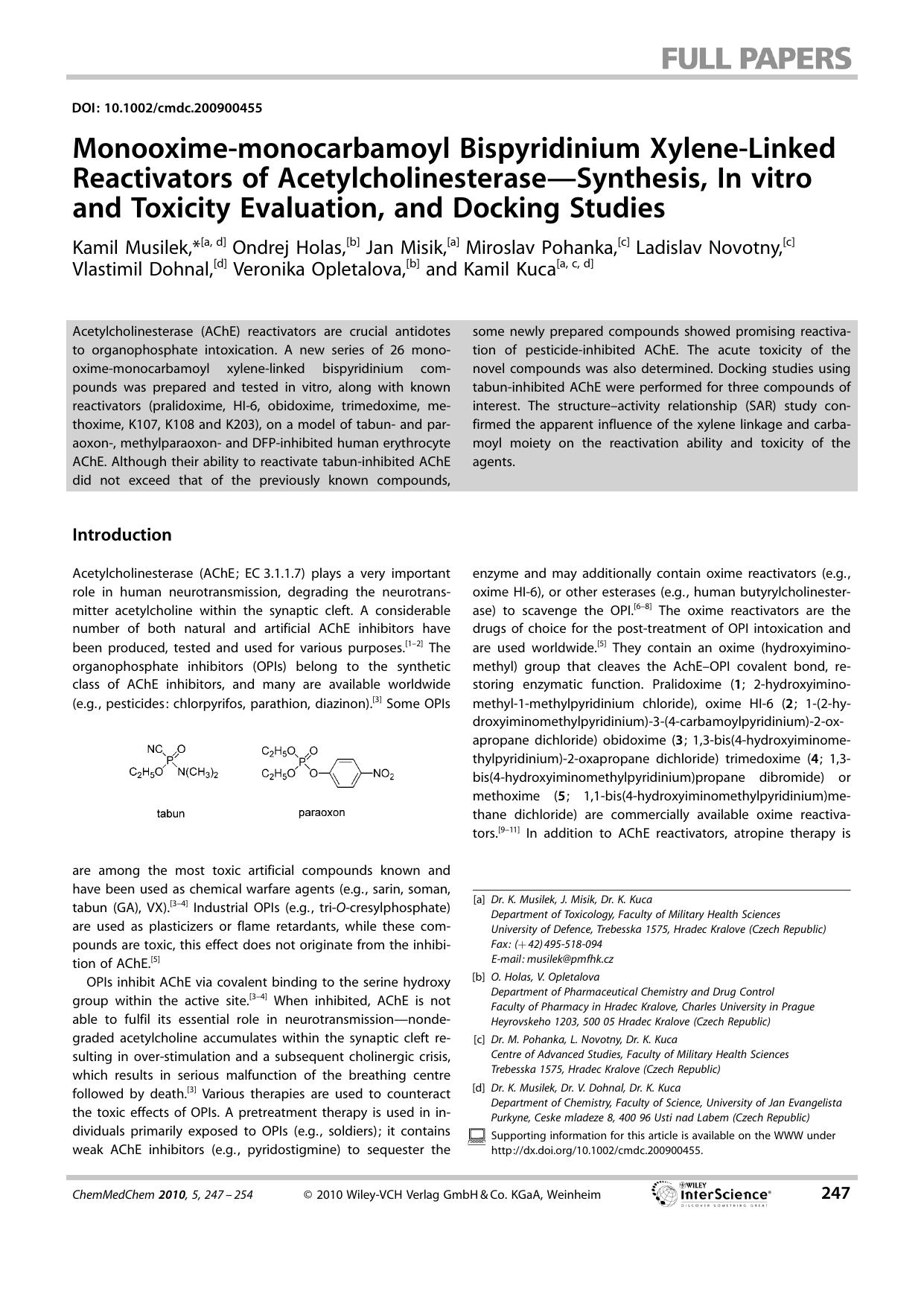 Monooxime-monocarbamoyl Bispyridinium Xylene-Linked Reactivators of Acetylcholinesterase-Synthesis, In vitro and Toxicity Evaluation, and Docking Studies by Unknown